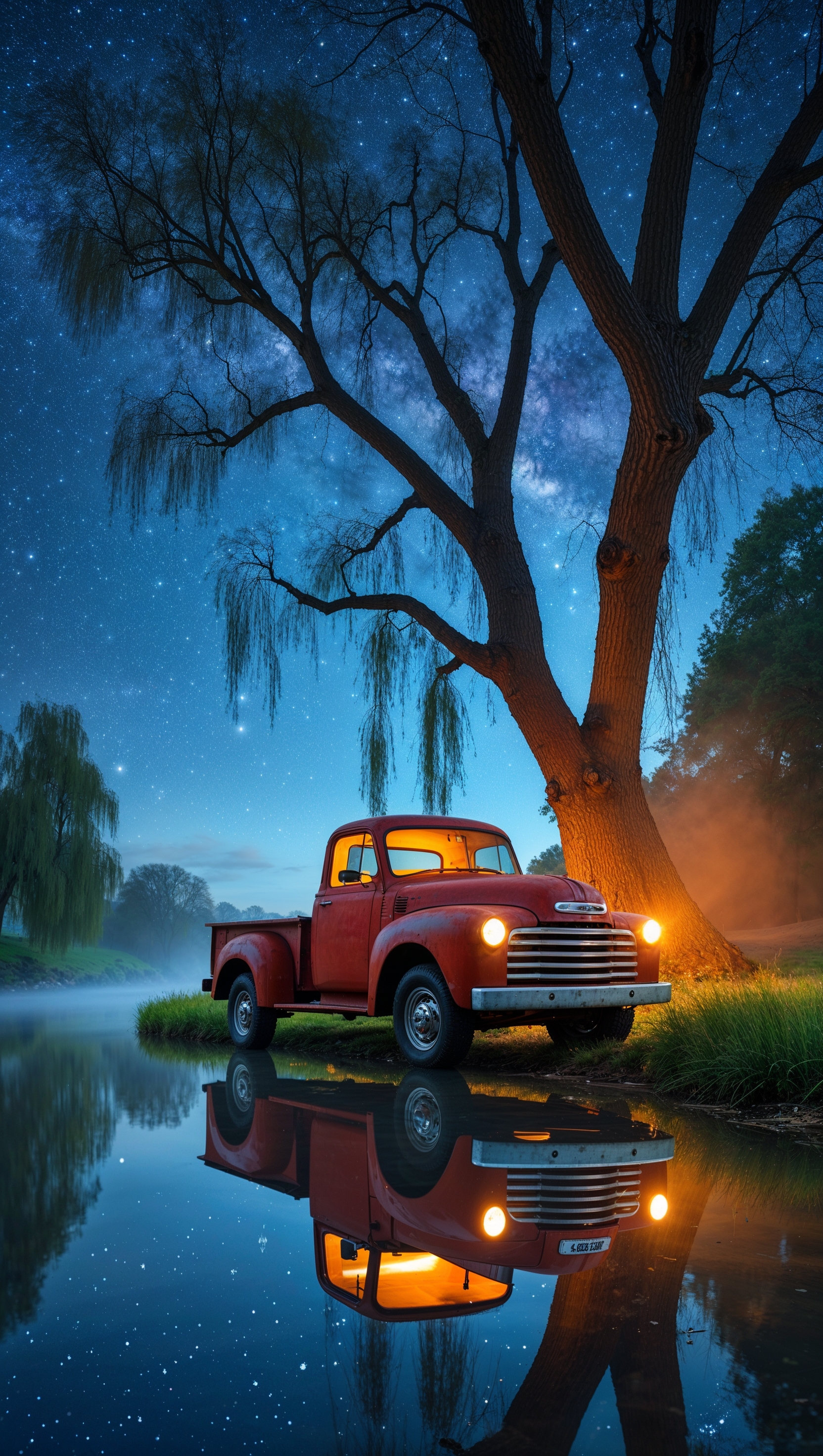 Truck by a river under a starry sky