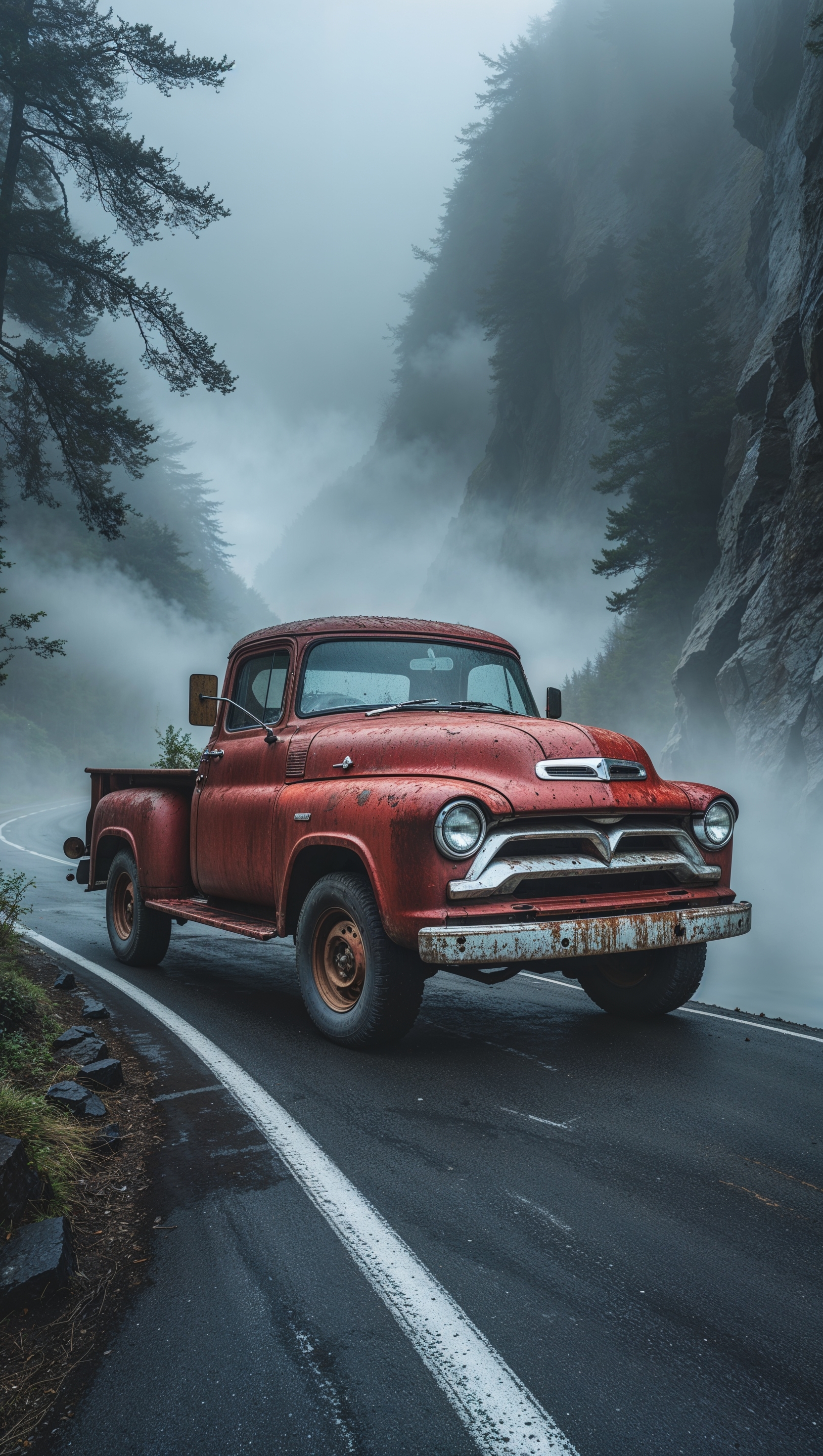 Red truck on a foggy mountain road