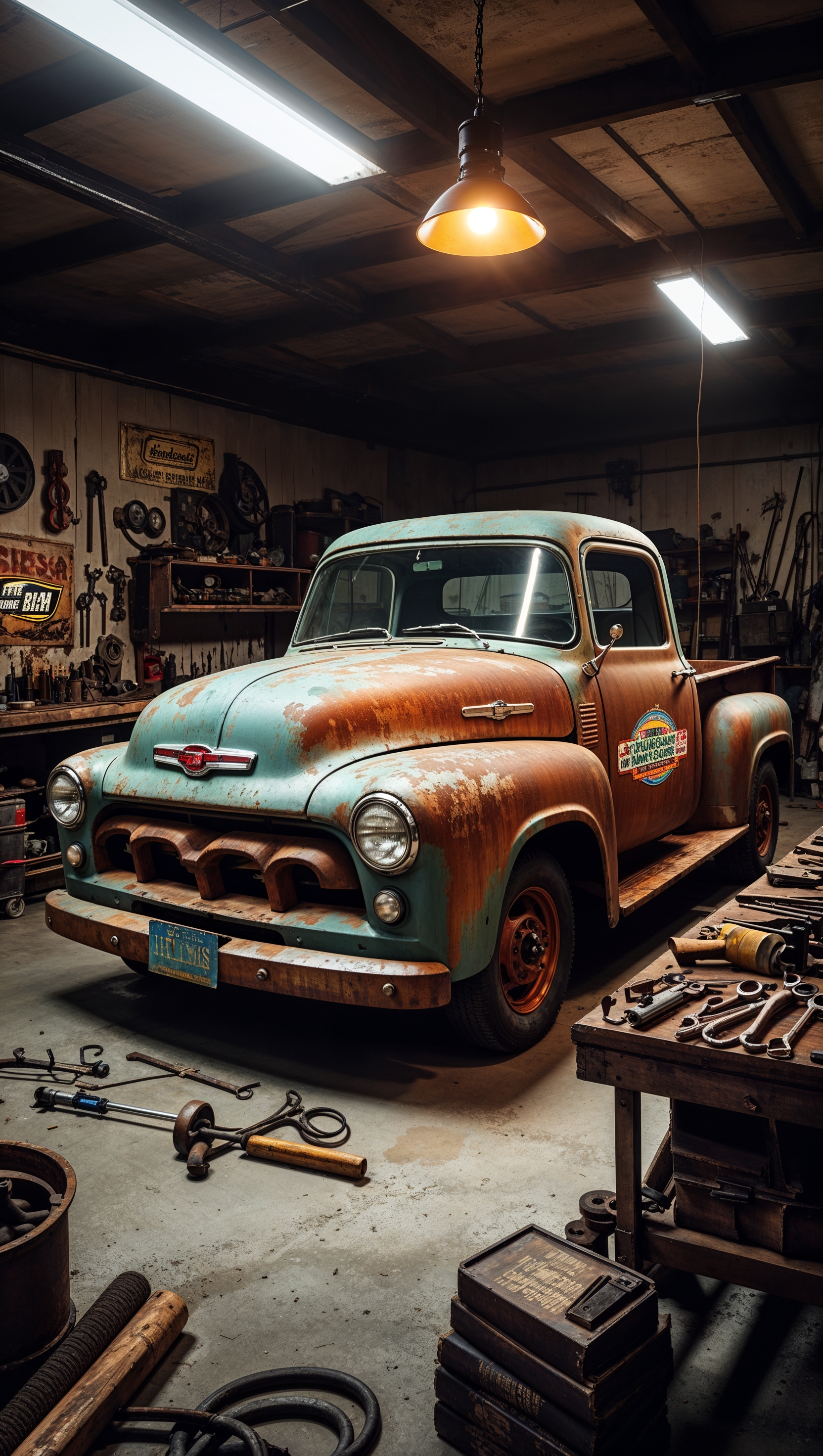 Old truck in a garage with mechanical tools