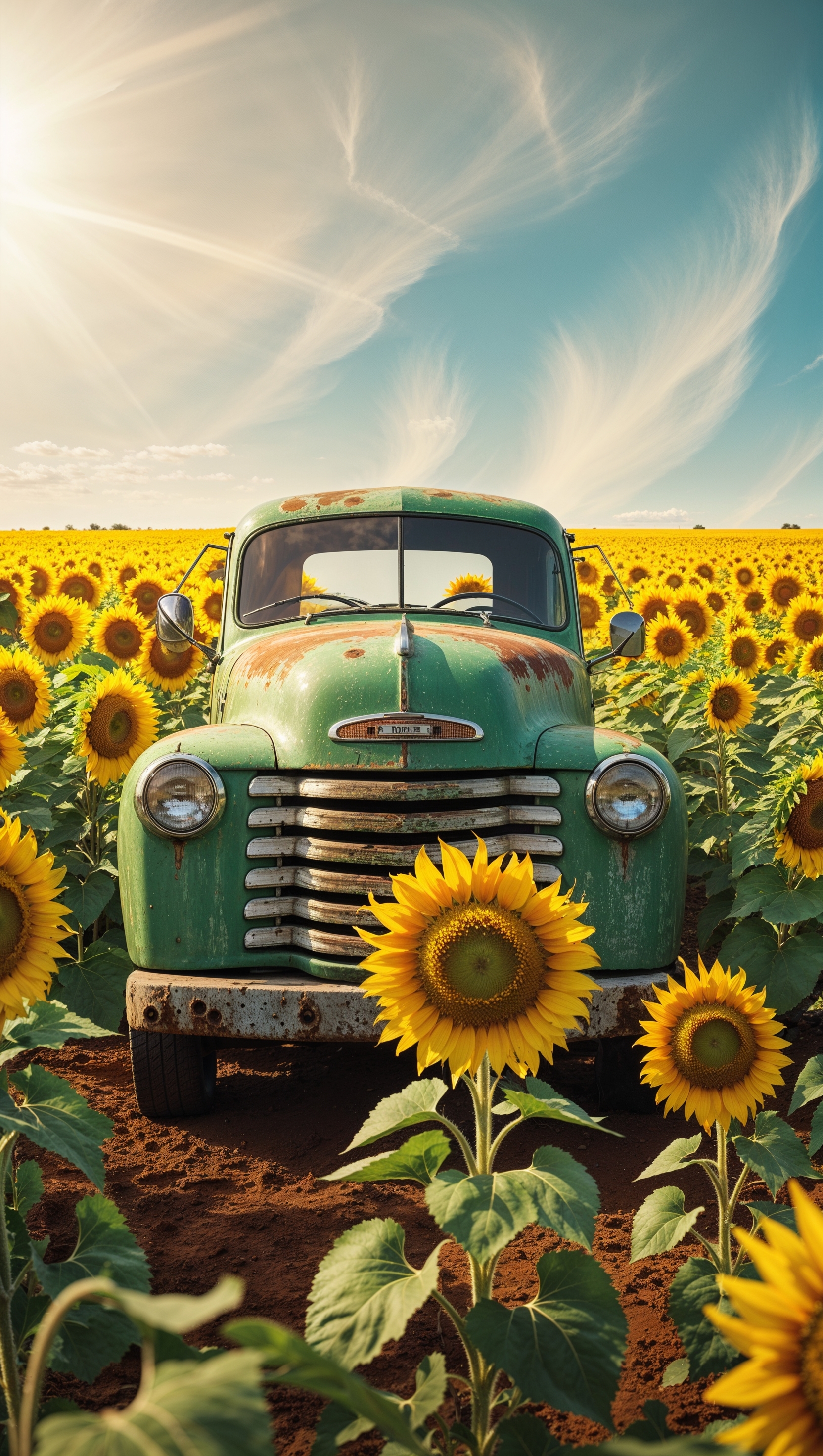 Classic green truck in a field with sunflowers