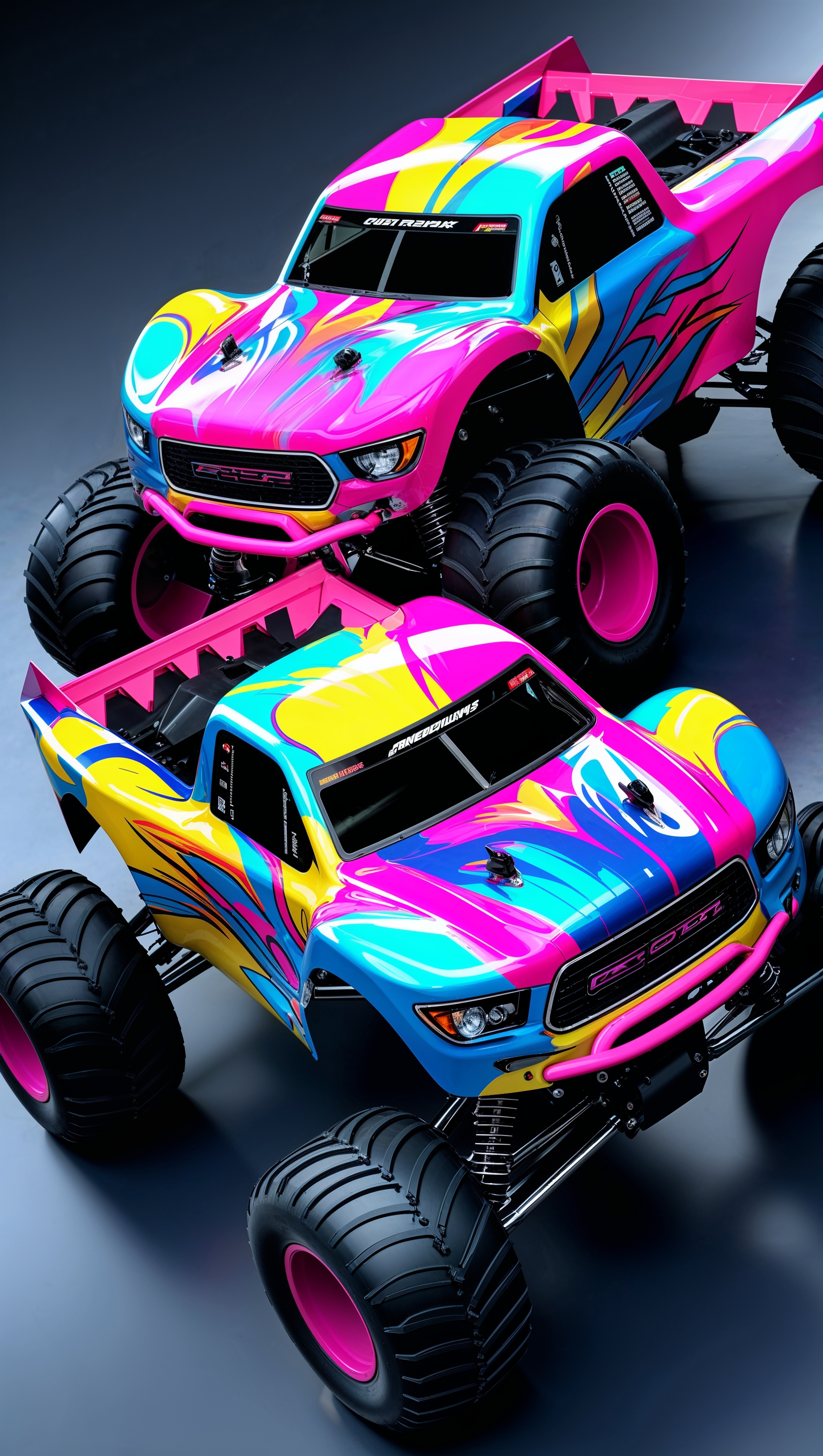 Racing trucks with vibrant graphic designs