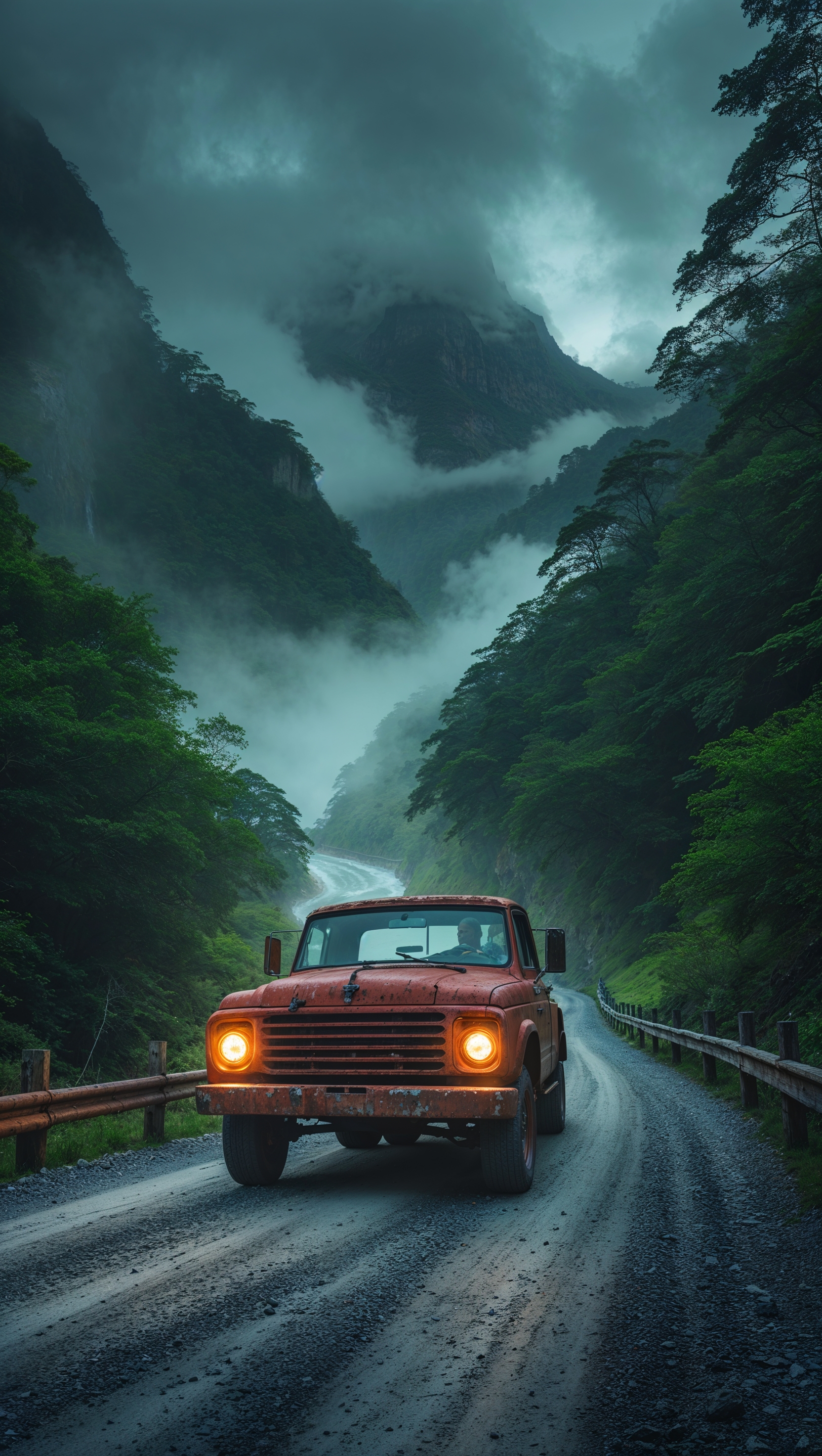 Truck on a winding mountain road, misty atmosphere