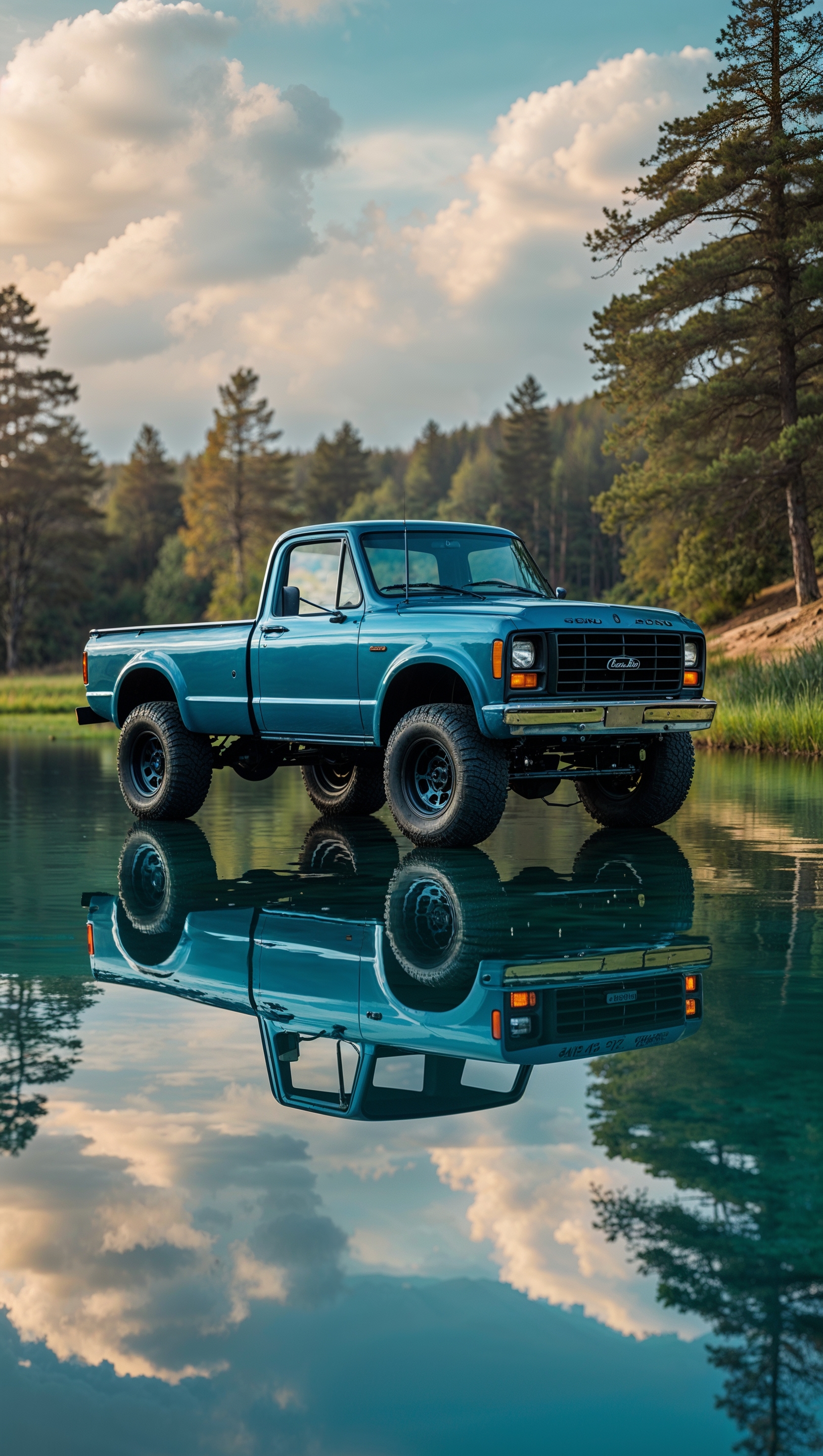 Truck near a lake with full reflection in water