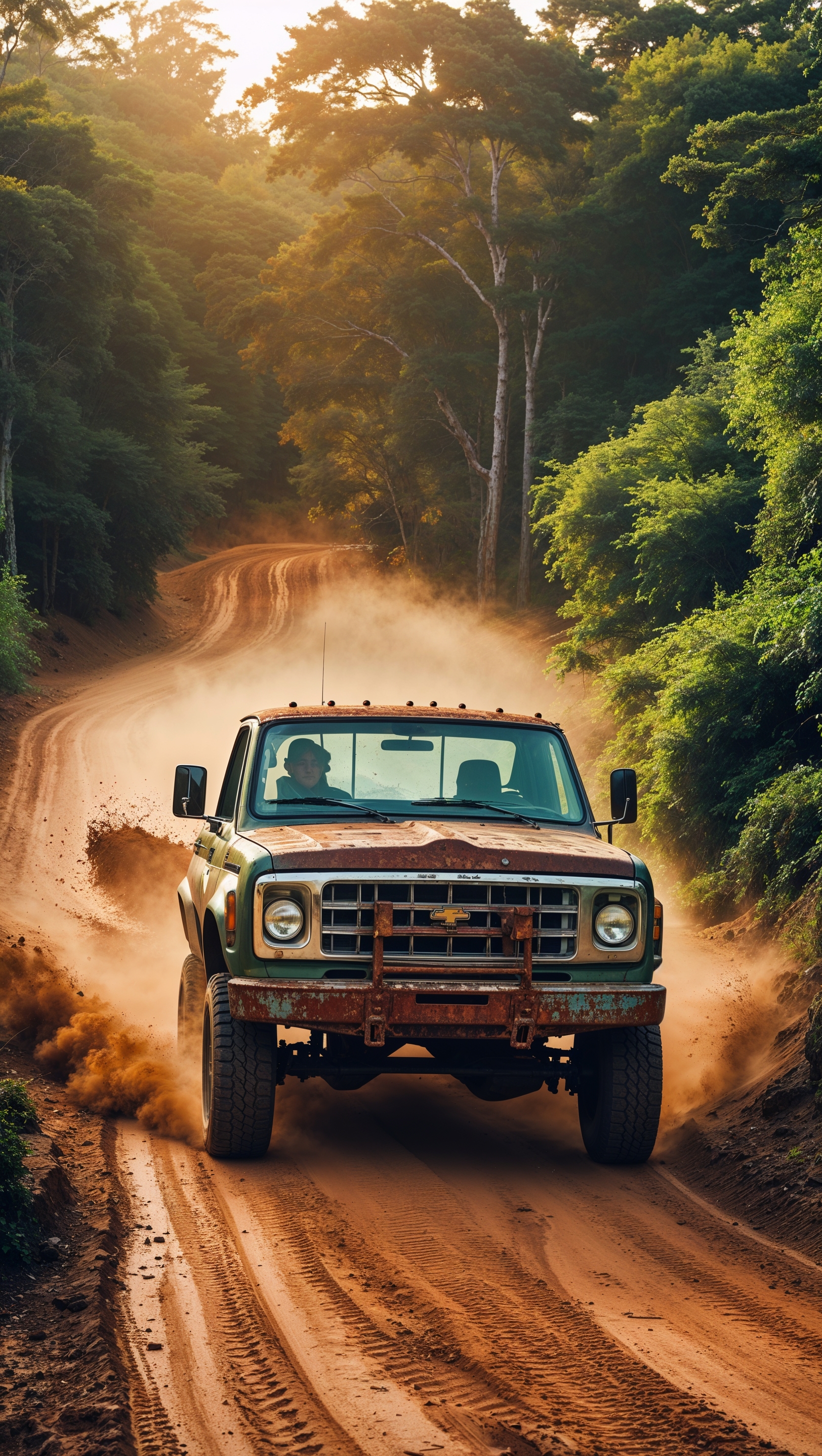 Trucker’s truck on off-road trails with dust
