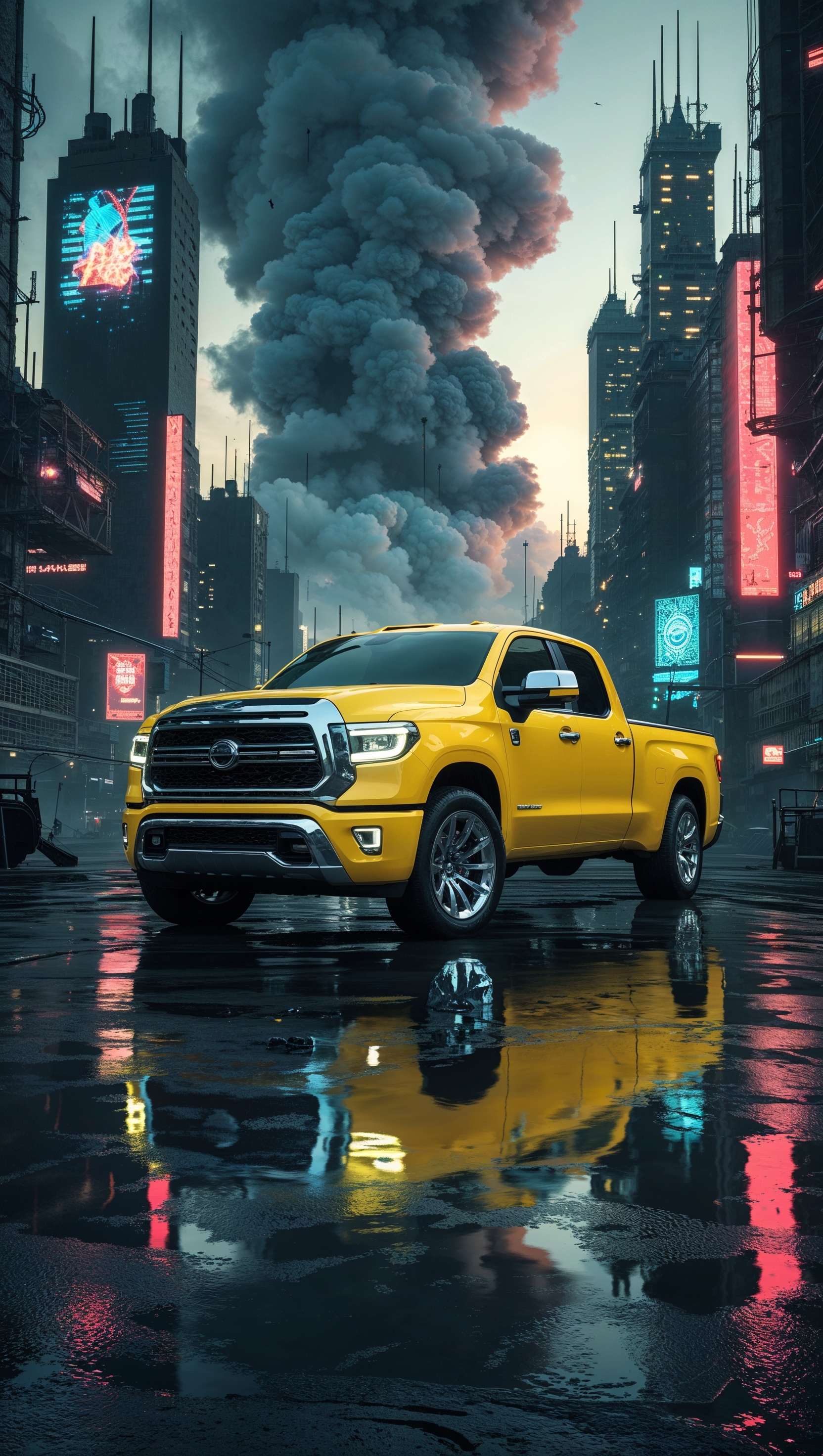 Yellow truck in a dark futuristic cityscape