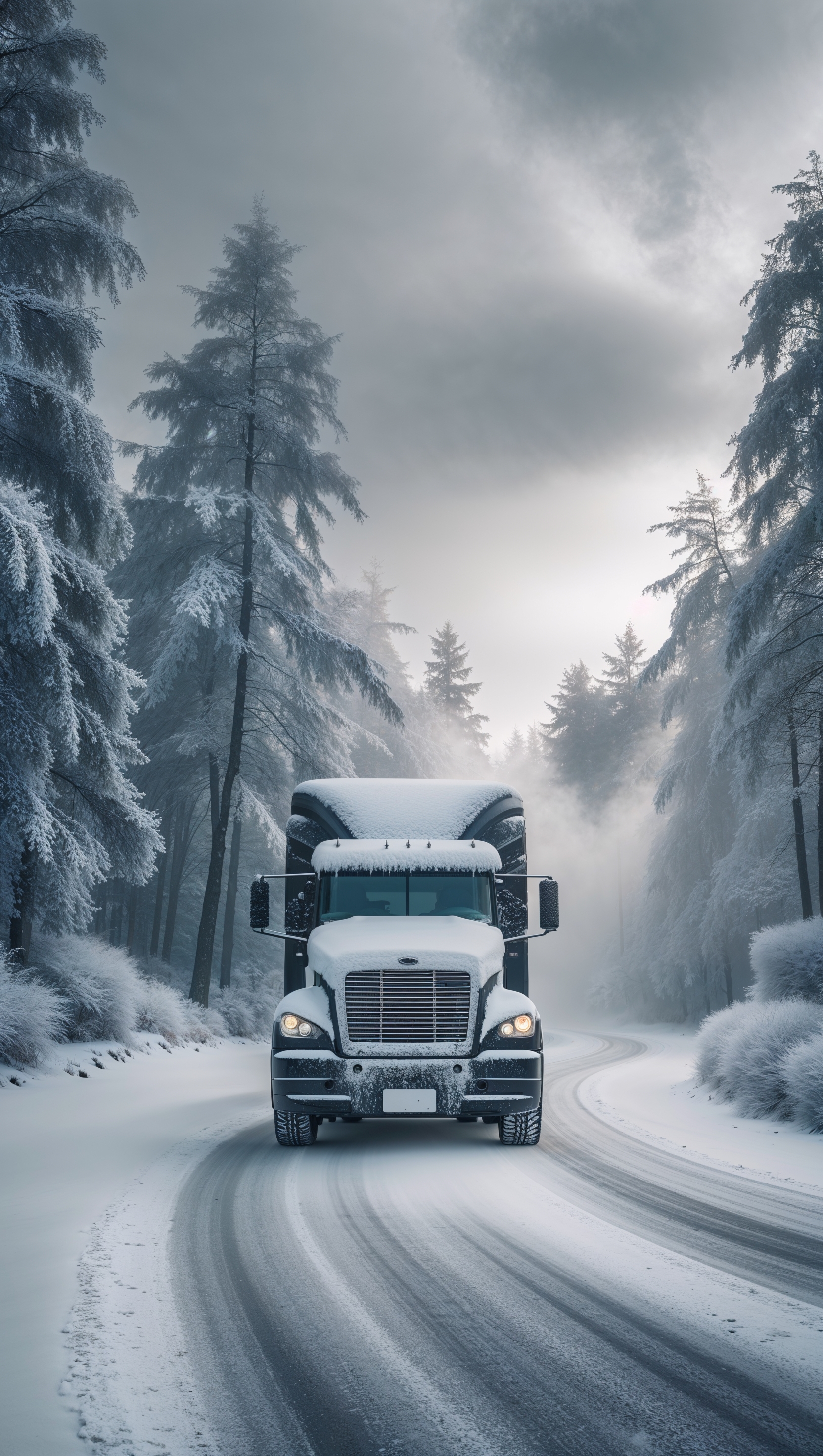 Snowy truck on a winter road, peaceful mood