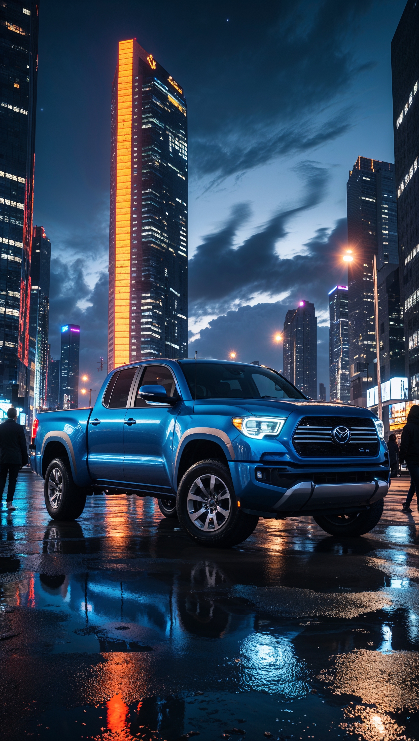 Truck in a modern urban landscape, bright night