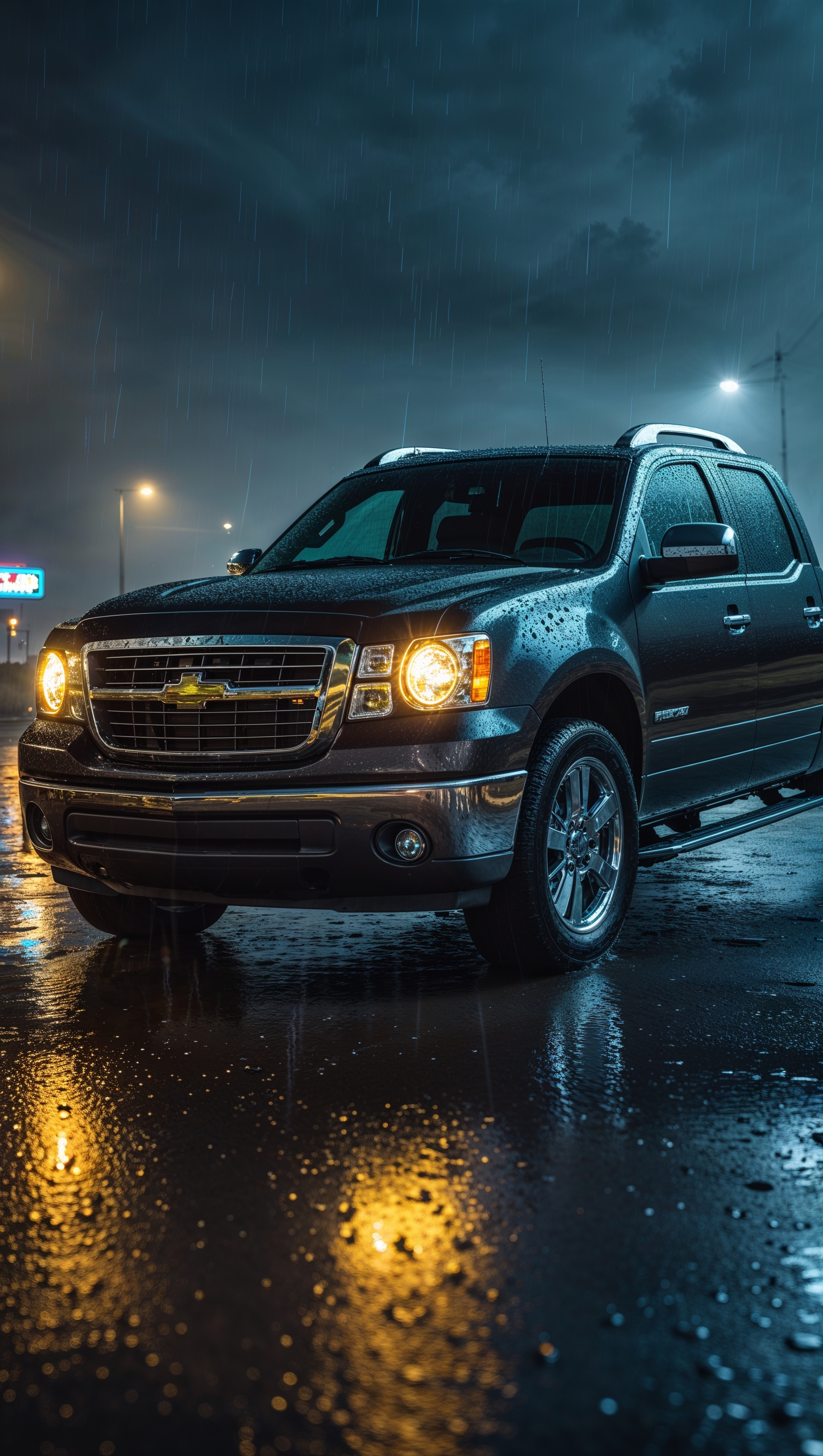 Truck at night in the rain with headlight reflections