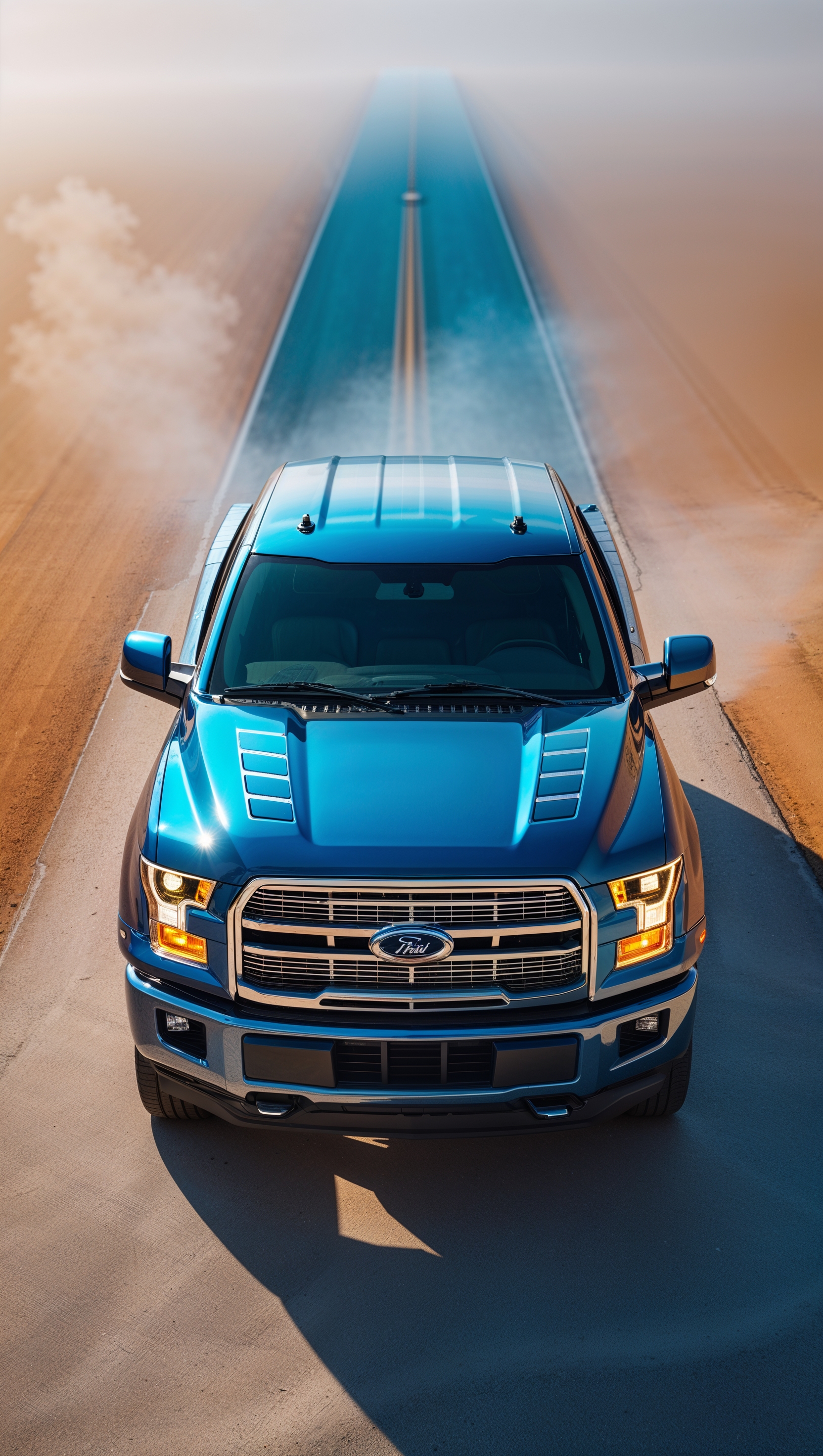 Metallic blue truck with sun reflections on a straight road