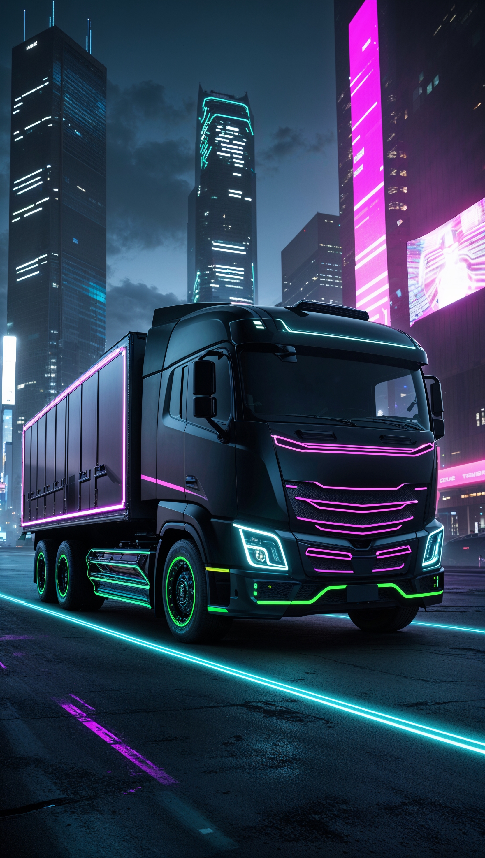 Black truck with neon lights at night, cyberpunk style