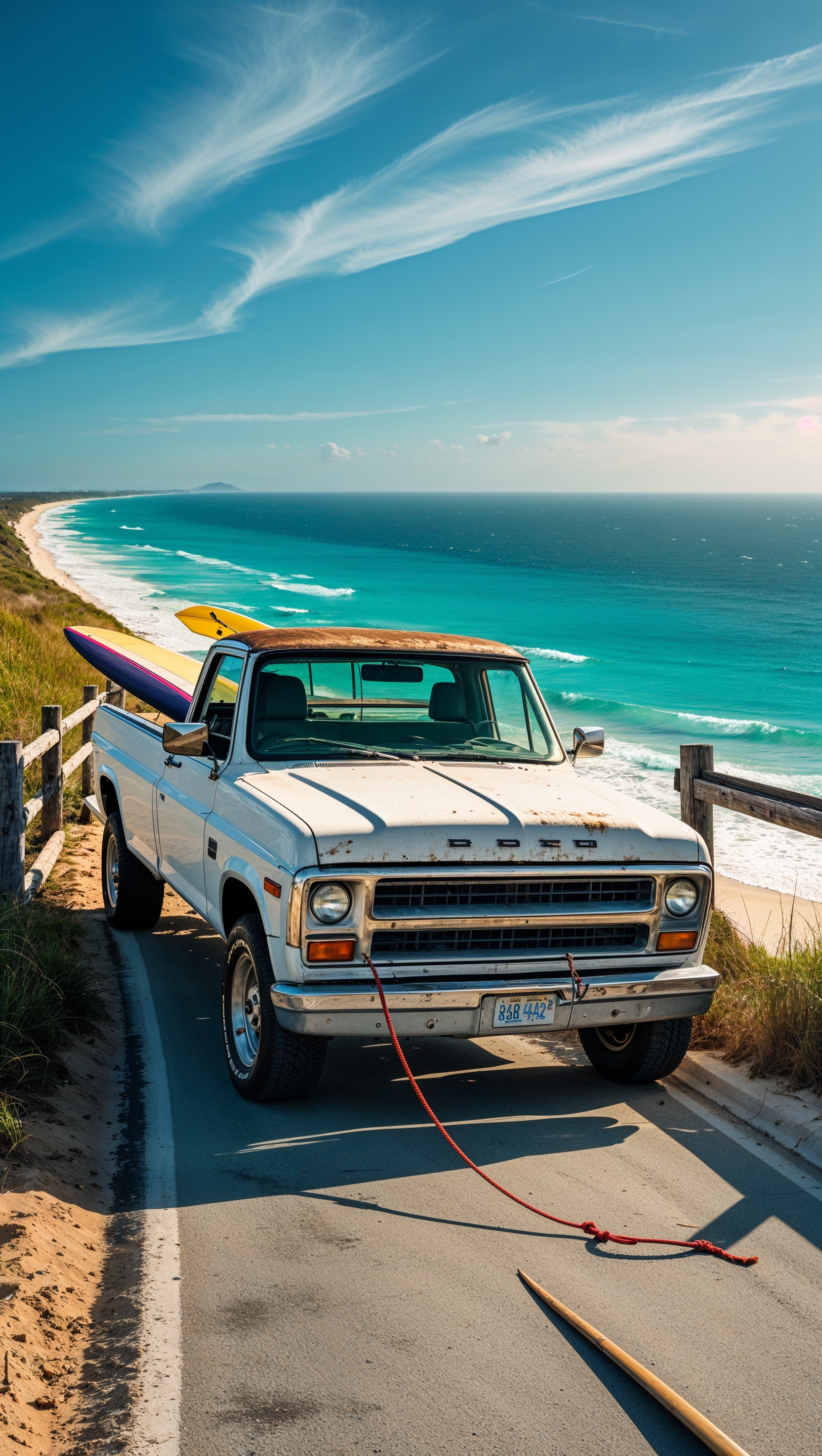 White truck on a coastal road with sea view