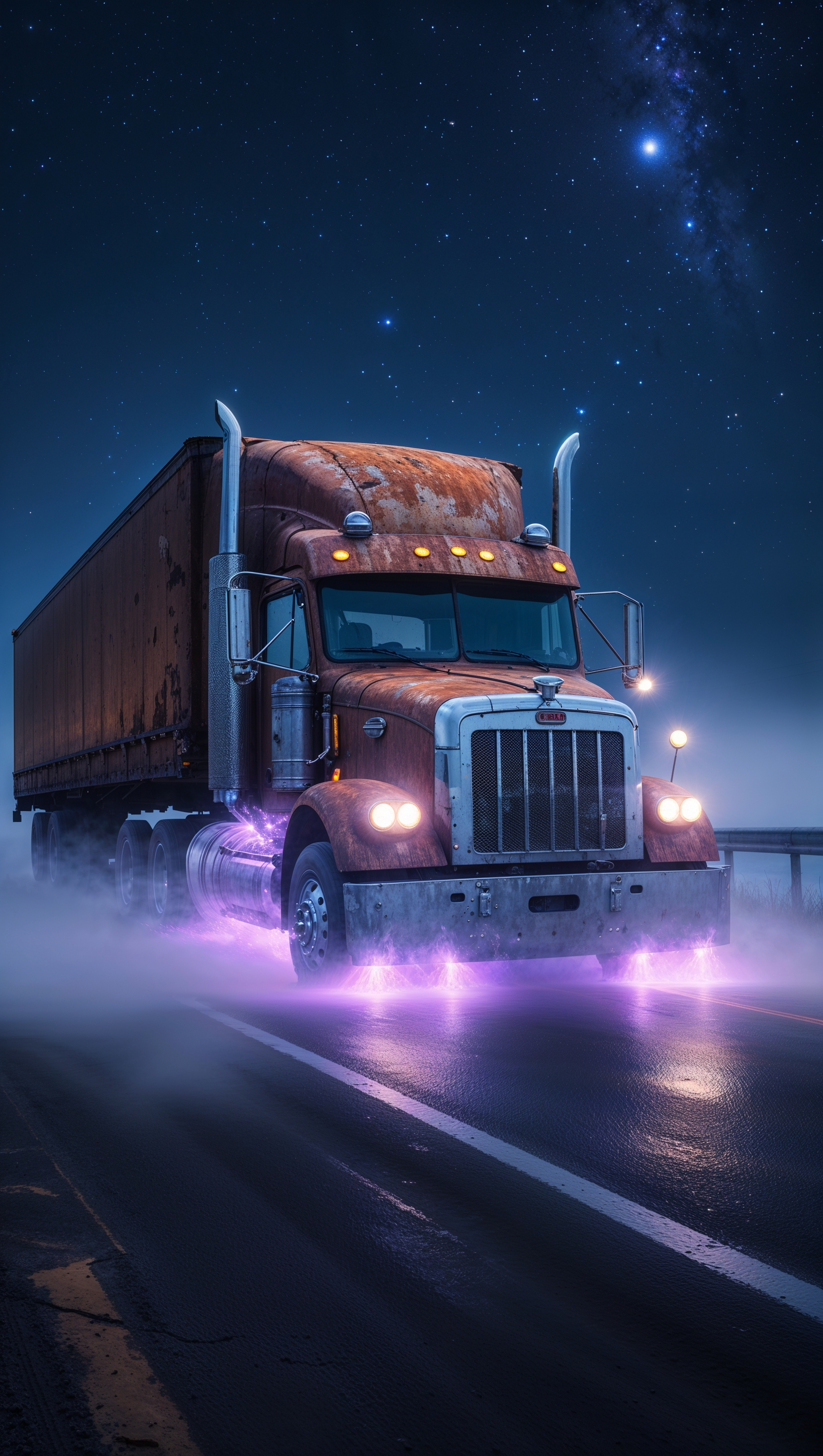 Truck carrying glowing cargo at night, magical lighting