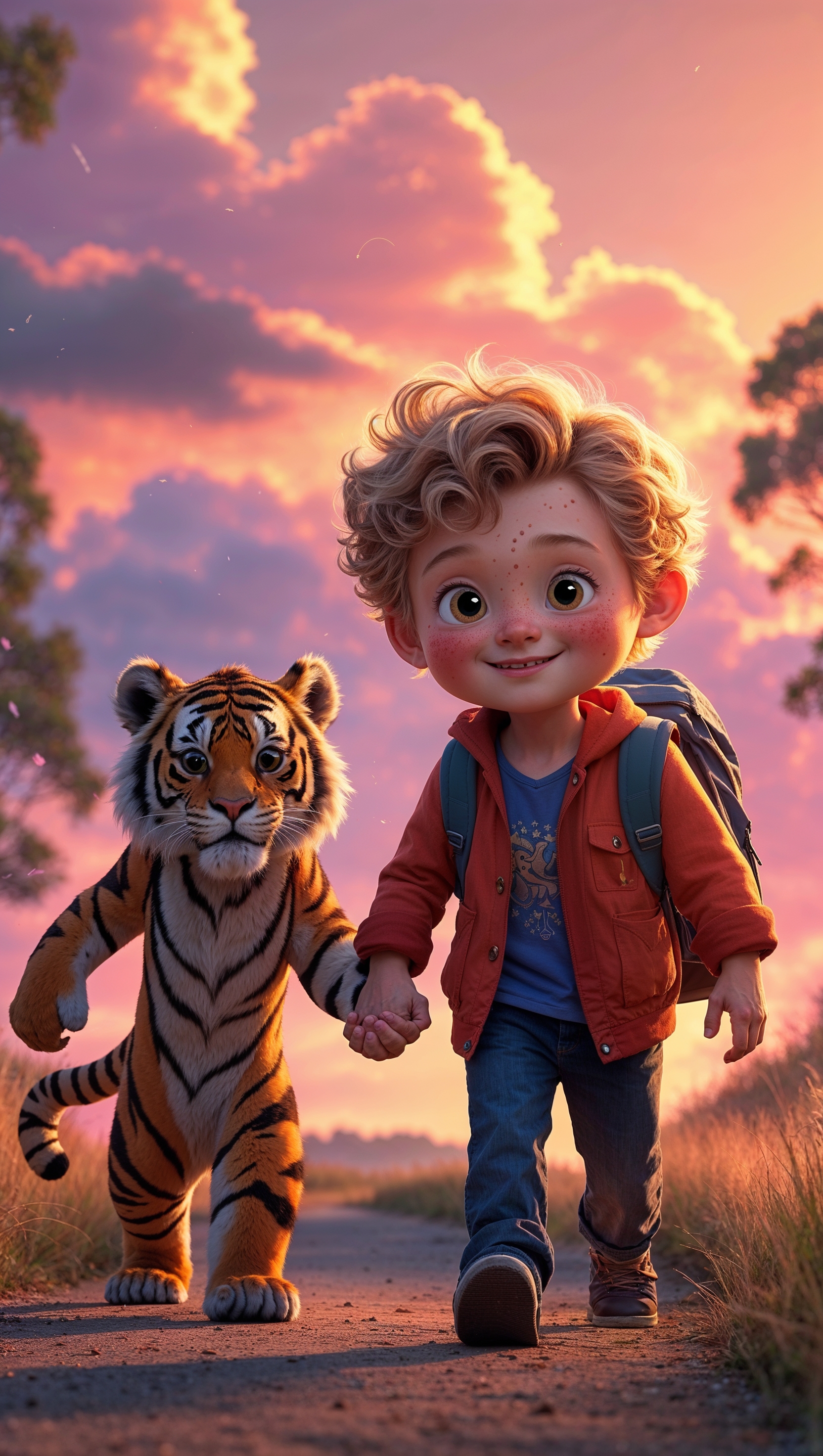 Calvin and Hobbes walking under a sunset sky, nostalgic feeling, iPhone wallpaper