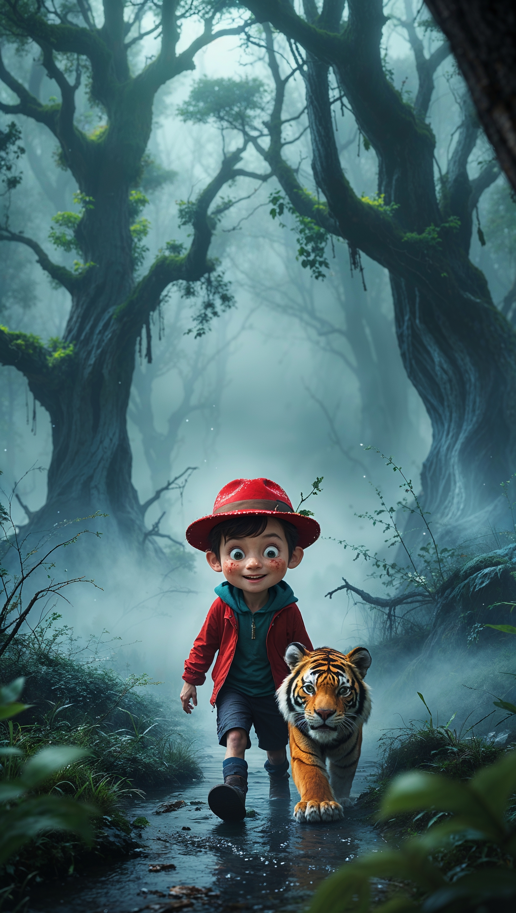 Calvin and Hobbes exploring a misty forest, mysterious atmosphere, iPhone wallpaper