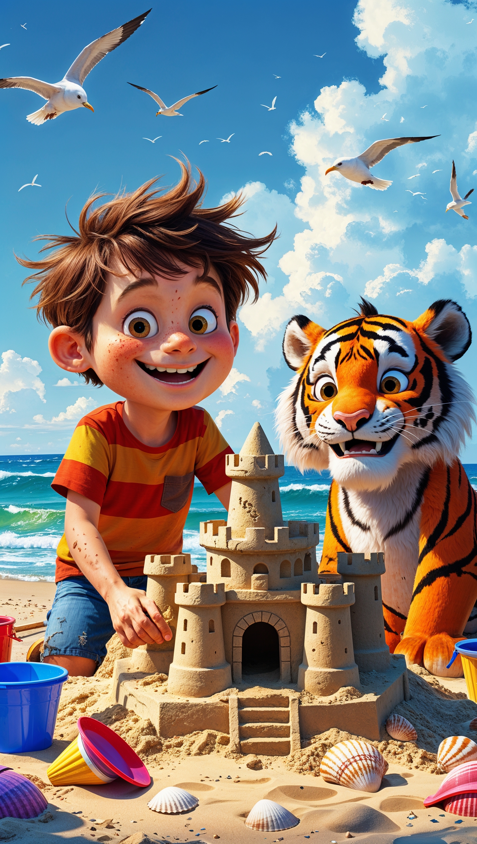 Calvin and Hobbes building a sandcastle on the beach, playful summer theme, iPhone wallpaper