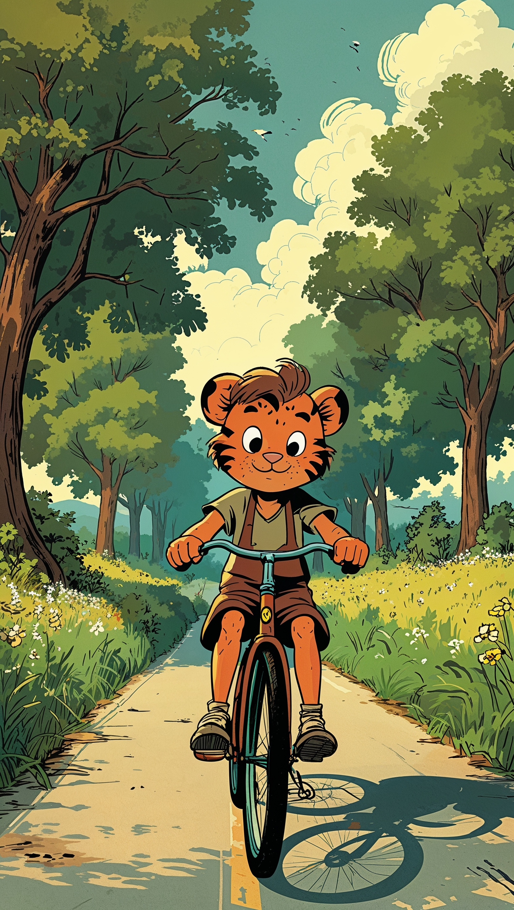 Calvin and Hobbes riding a bike through a country road, vintage cartoon style, iPhone wallpaper