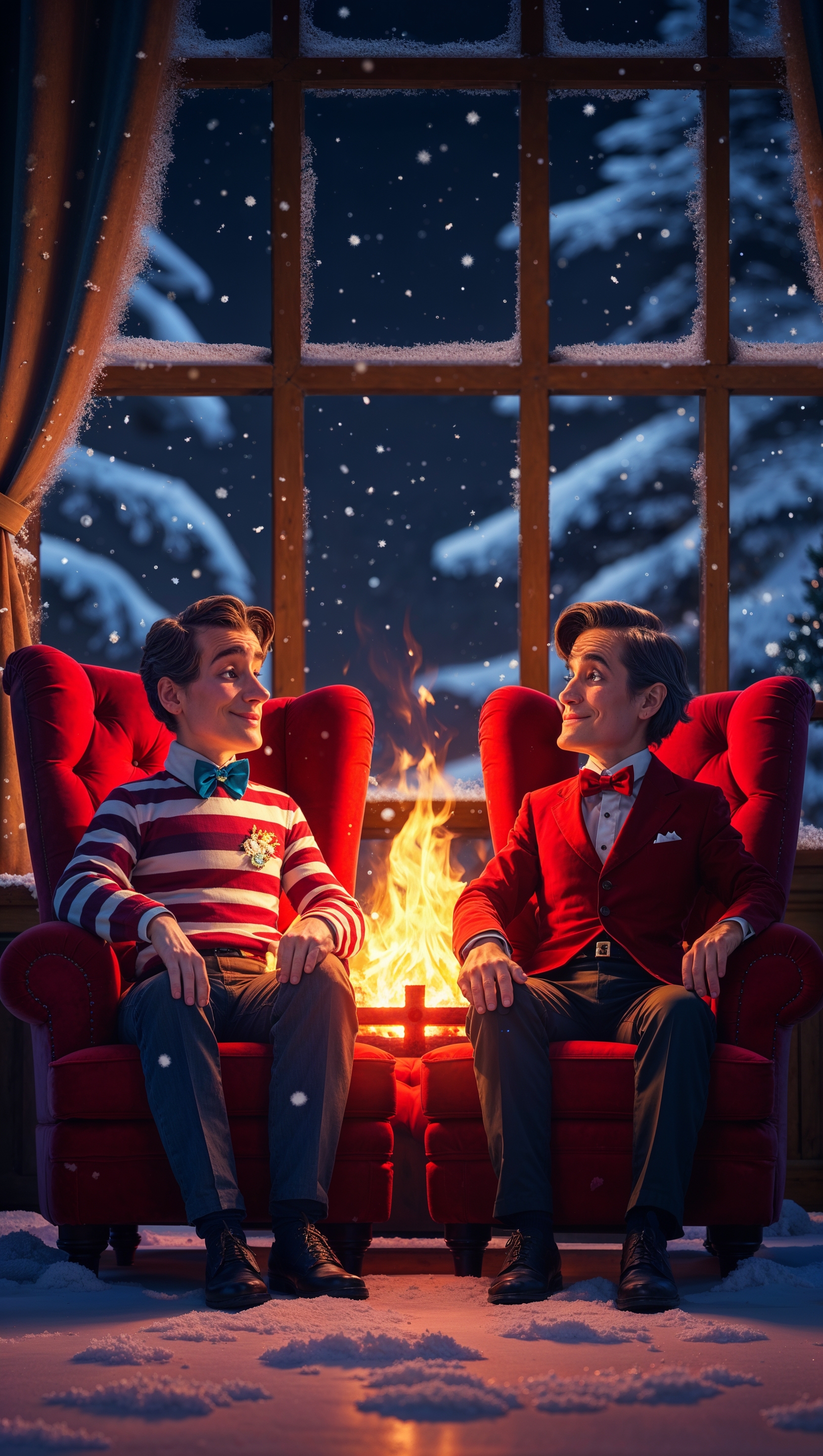 Calvin and Hobbes sitting by a fireplace on a snowy night, warm and cozy iPhone wallpaper