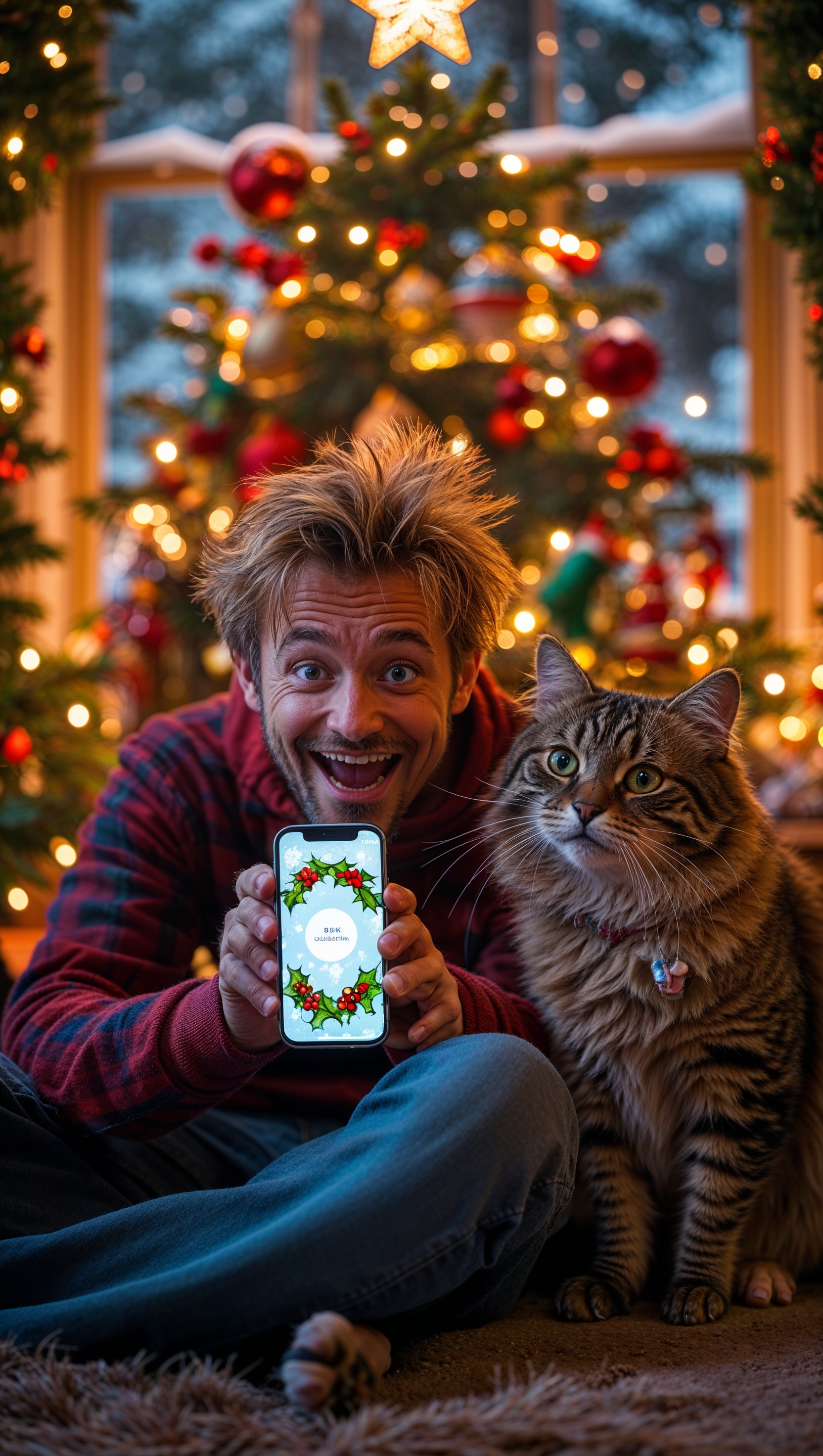 Calvin and Hobbes on Christmas Eve, with a decorated tree, festive iPhone wallpaper