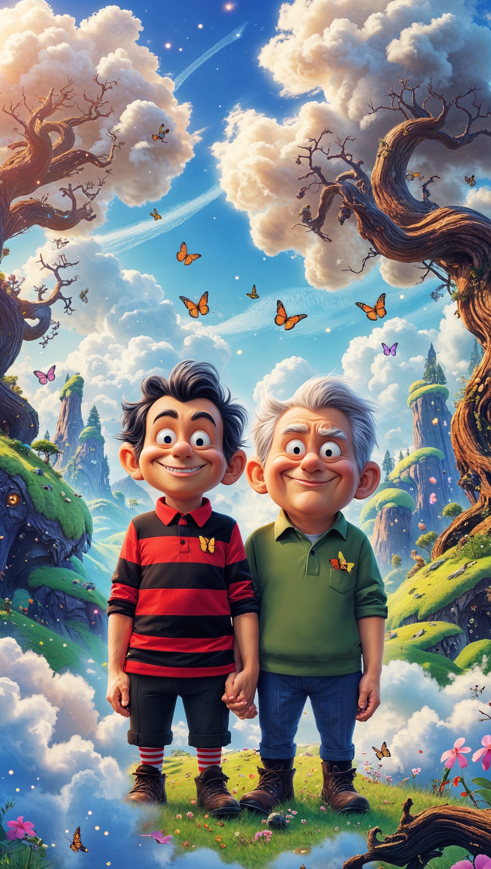 Calvin and Hobbes in a fantasy cartoon world, imaginative and fun, iPhone wallpaper