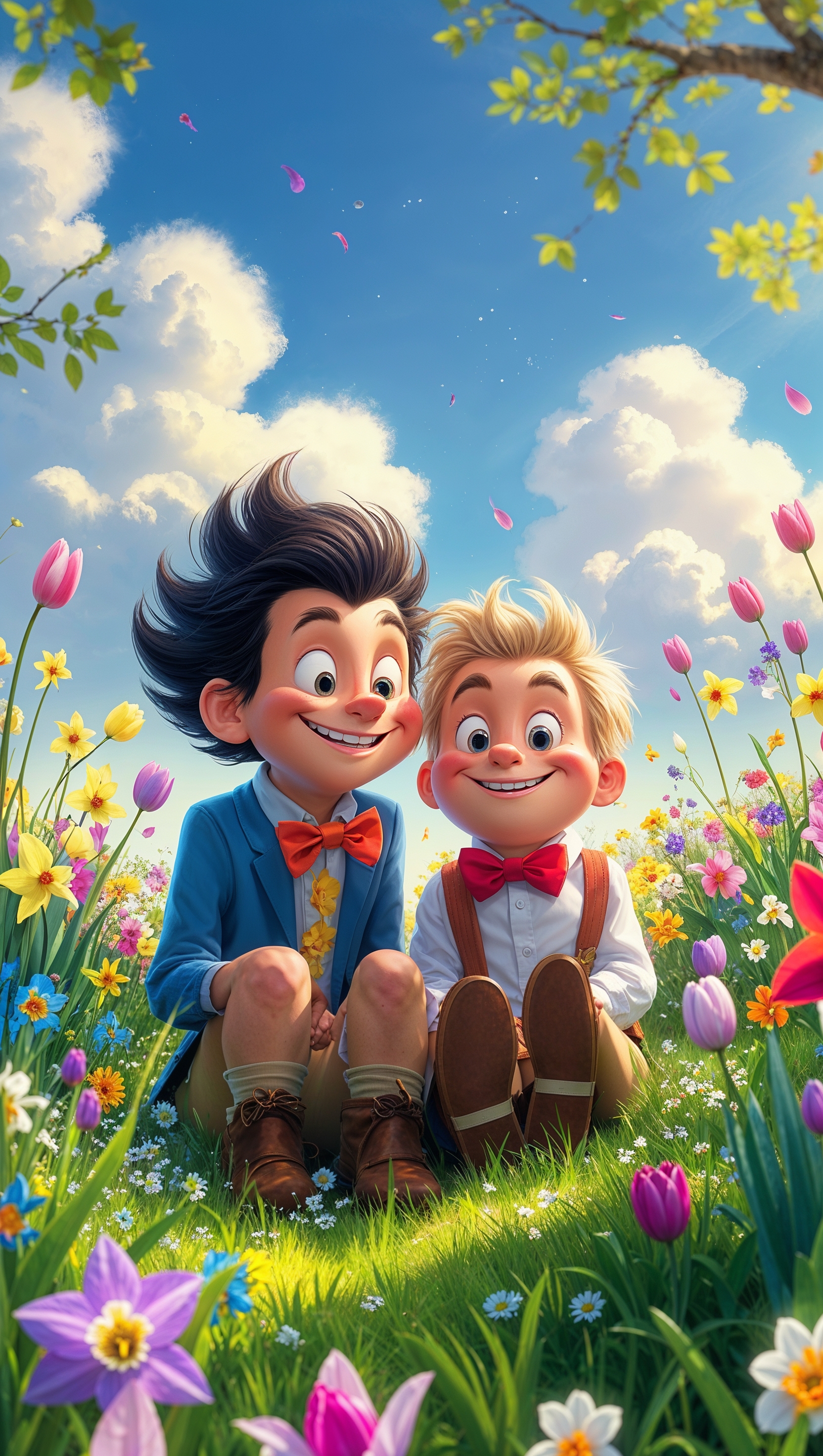 Calvin and Hobbes in a blooming spring meadow, joyful and fresh, iPhone wallpaper