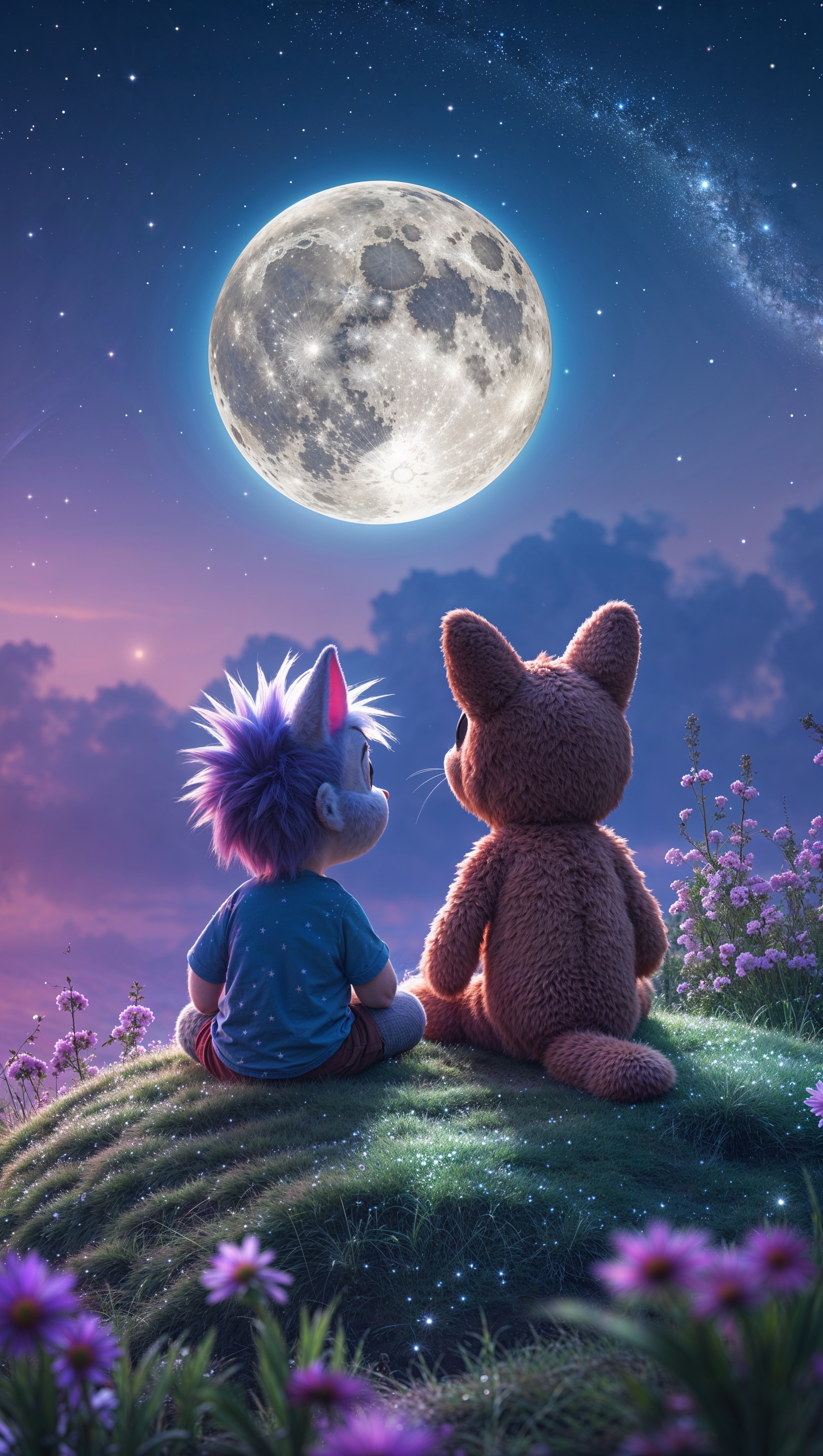Calvin and Hobbes gazing at the full moon and stars, magical night, iPhone wallpaper
