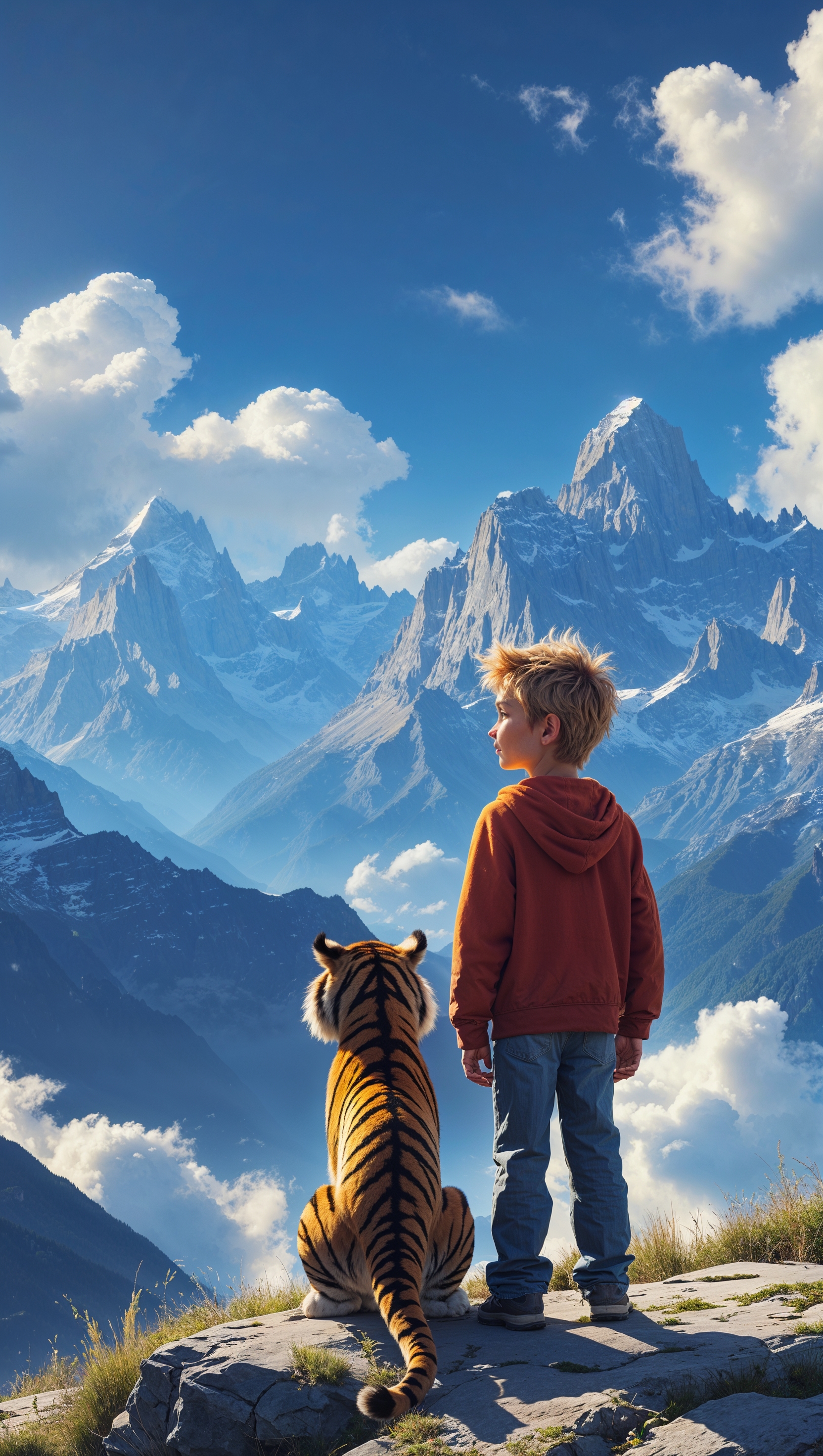 Calvin and Hobbes looking at distant mountains, peaceful and epic view, iPhone wallpaper