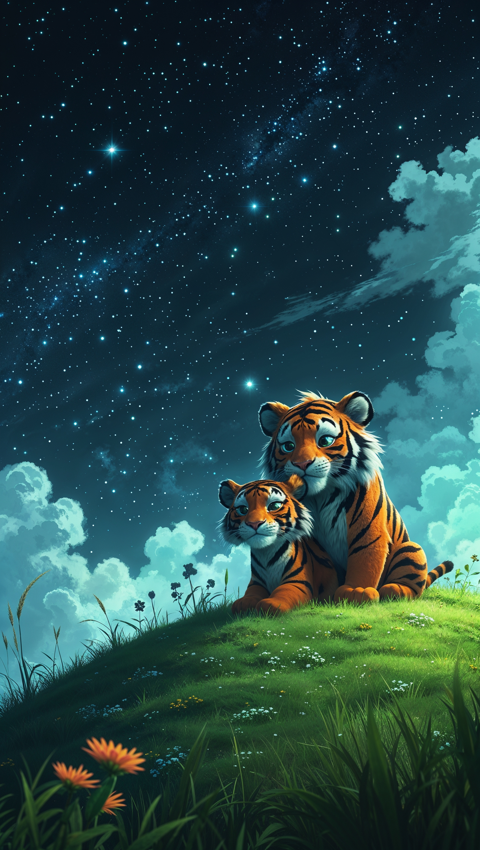 Calvin and Hobbes sitting on a hill under a starry night sky, dreamy scene, iPhone wallpaper