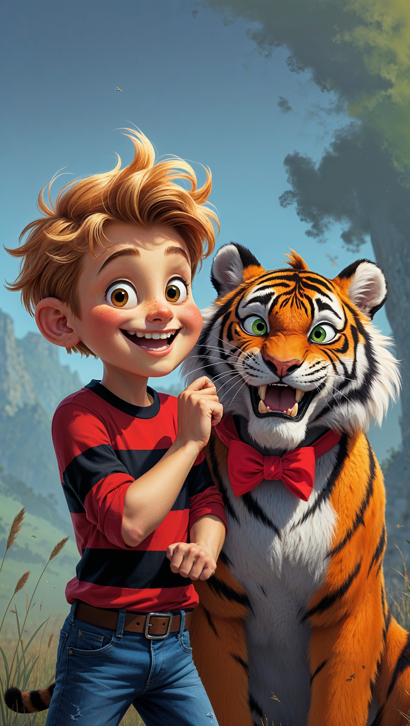 Calvin and Hobbes in realistic digital painting style, high detail, iPhone wallpaper