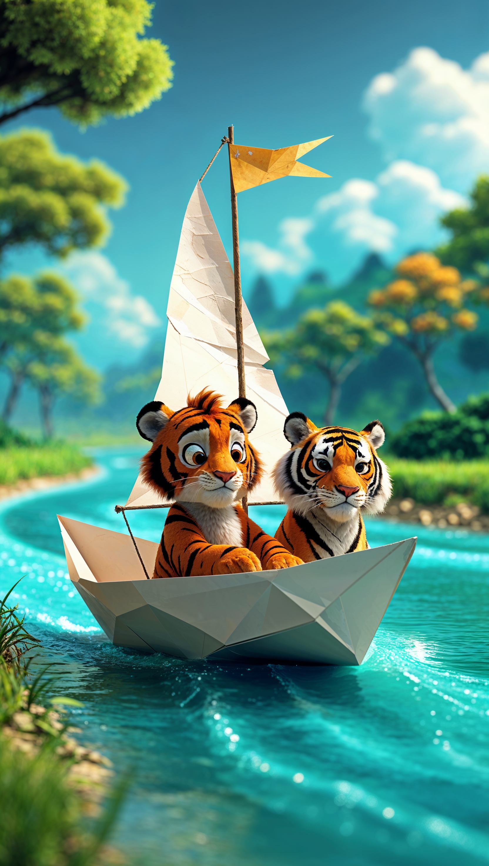 Calvin and Hobbes sailing on a paper boat in a whimsical river, iPhone wallpaper