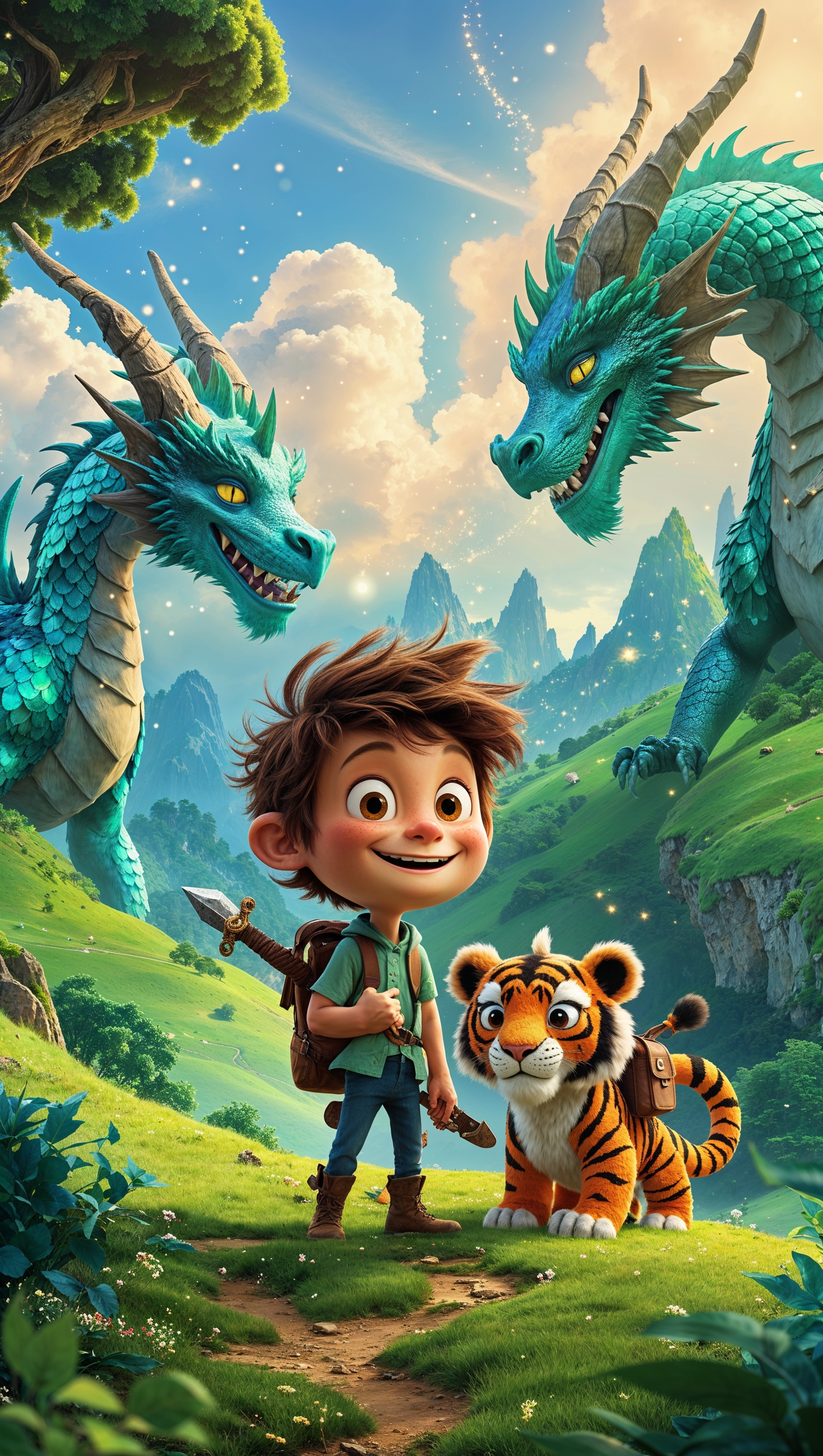 Calvin and Hobbes in a fantasy world with dragons and magic, adventure theme, iPhone wallpaper