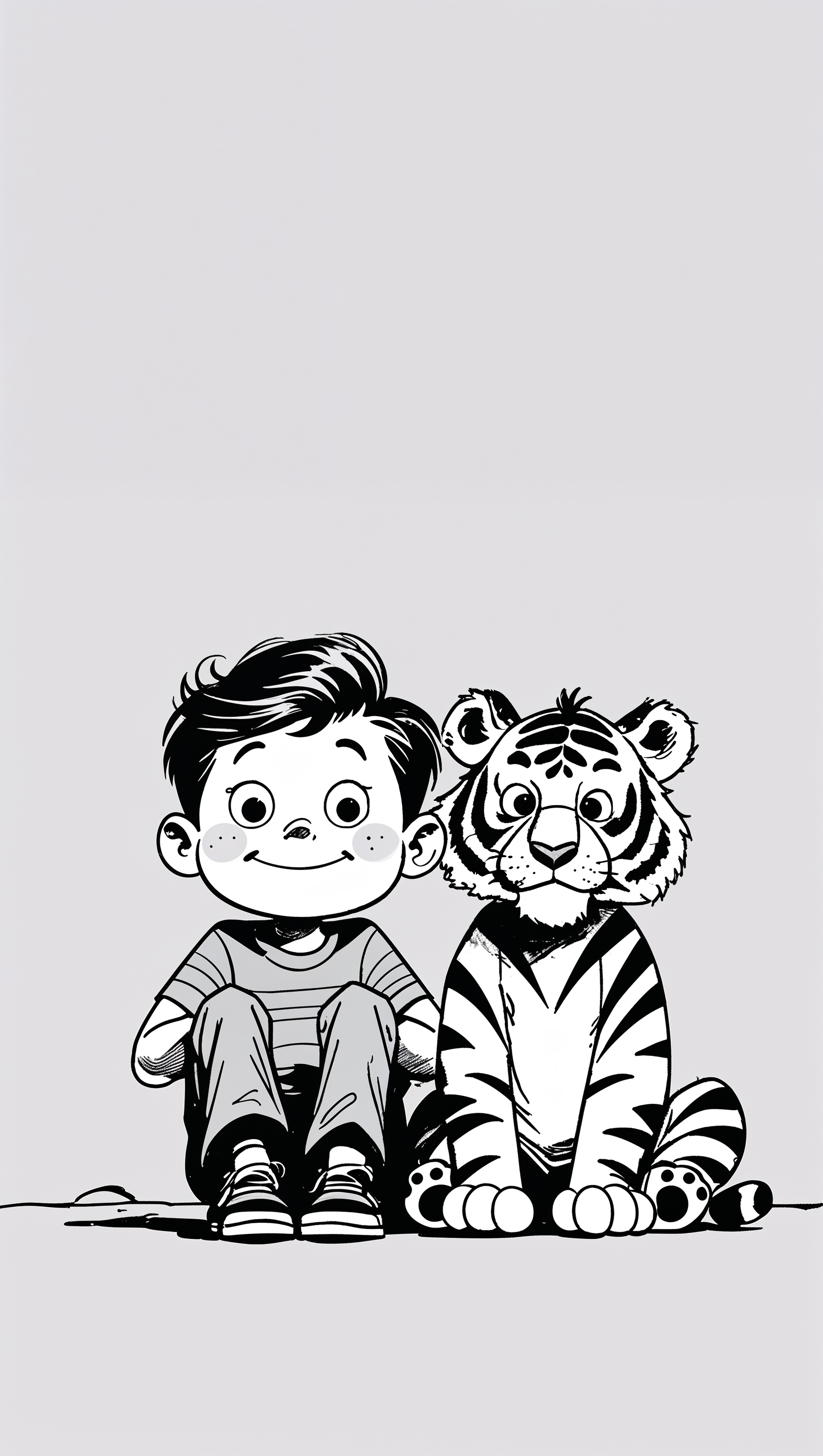 Calvin and Hobbes in black and white minimalist style, clean and elegant, iPhone wallpaper