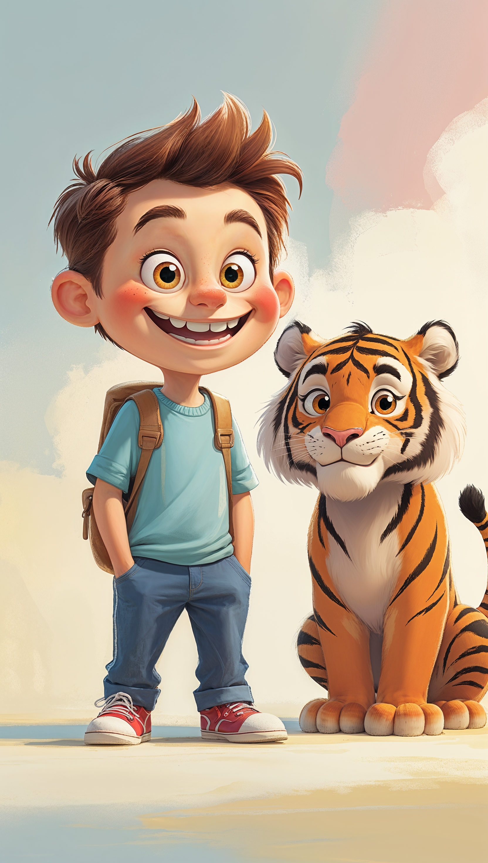 Calvin and Hobbes in soft pastel tones, cute and gentle style, iPhone wallpaper