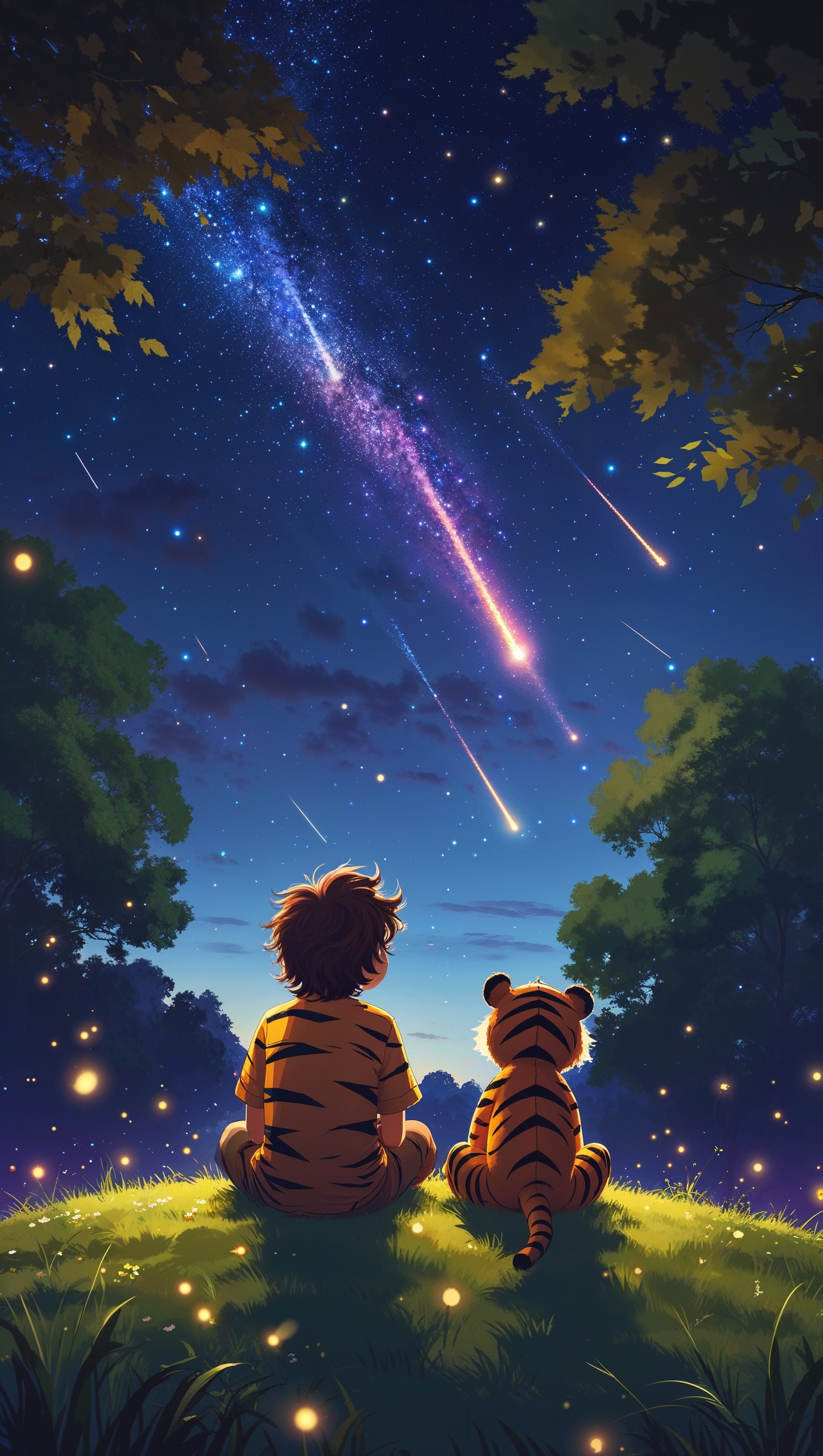 Calvin and Hobbes watching a meteor shower, magical and peaceful, iPhone wallpaper
