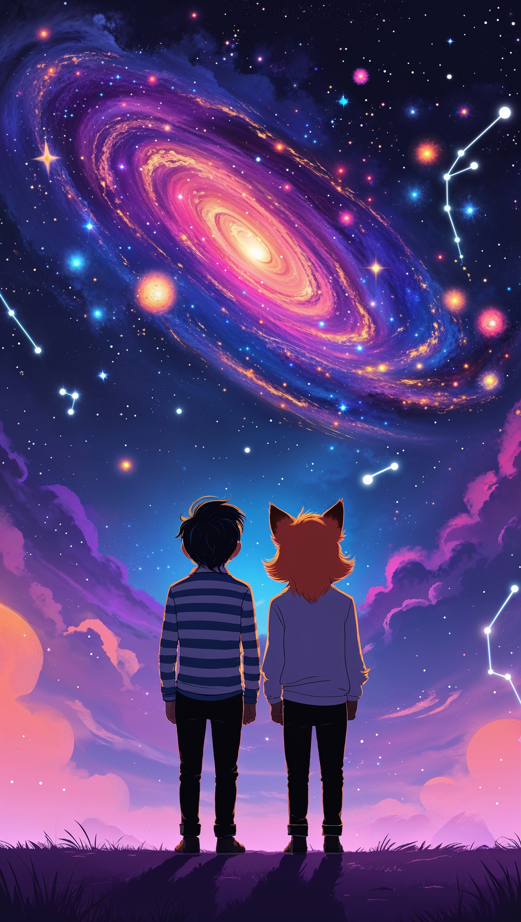 Calvin and Hobbes surrounded by galaxies and stars, cosmic iPhone wallpaper