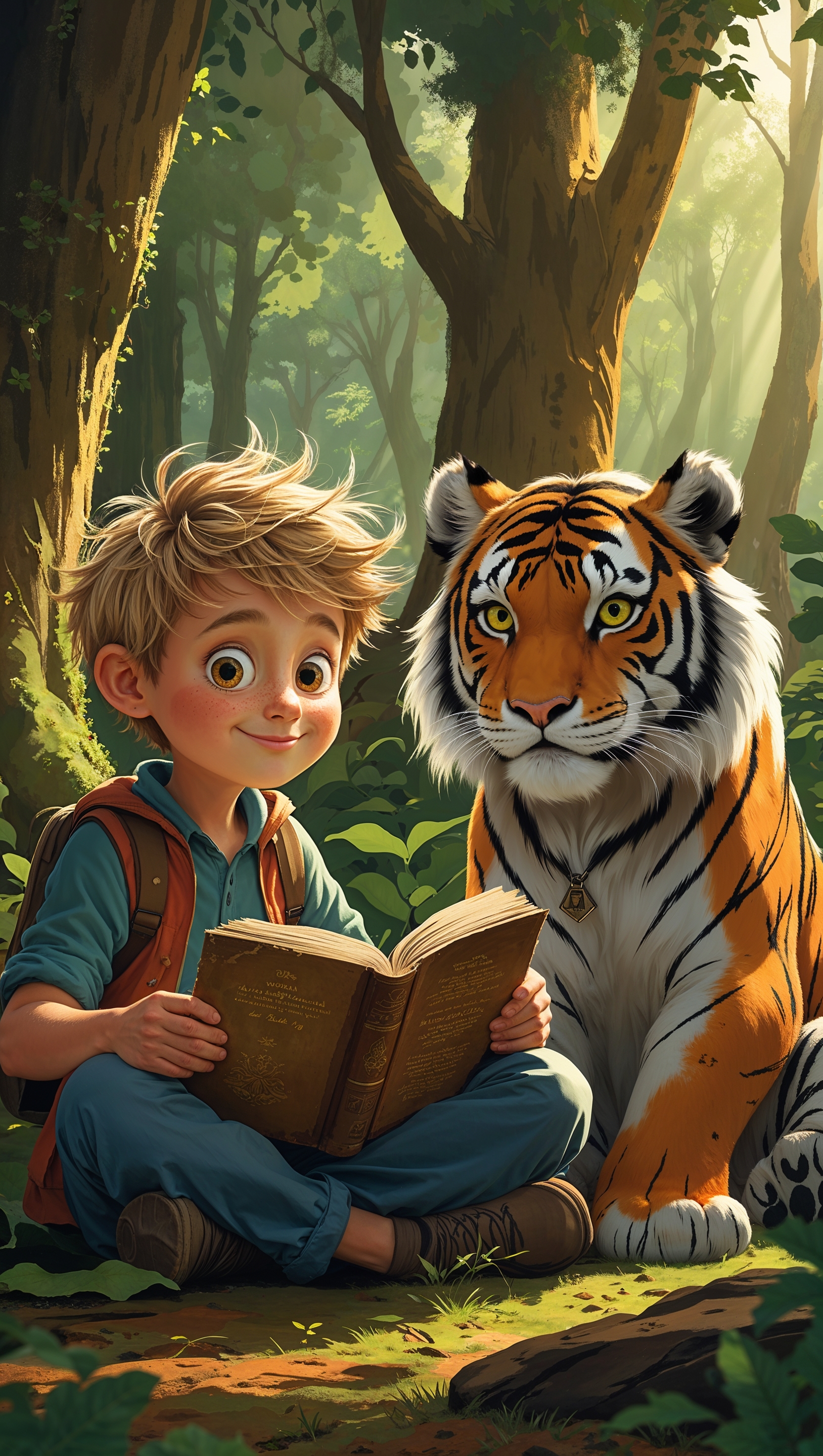 Calvin and Hobbes reading a book in the woods, peaceful and smart vibe, iPhone wallpaper