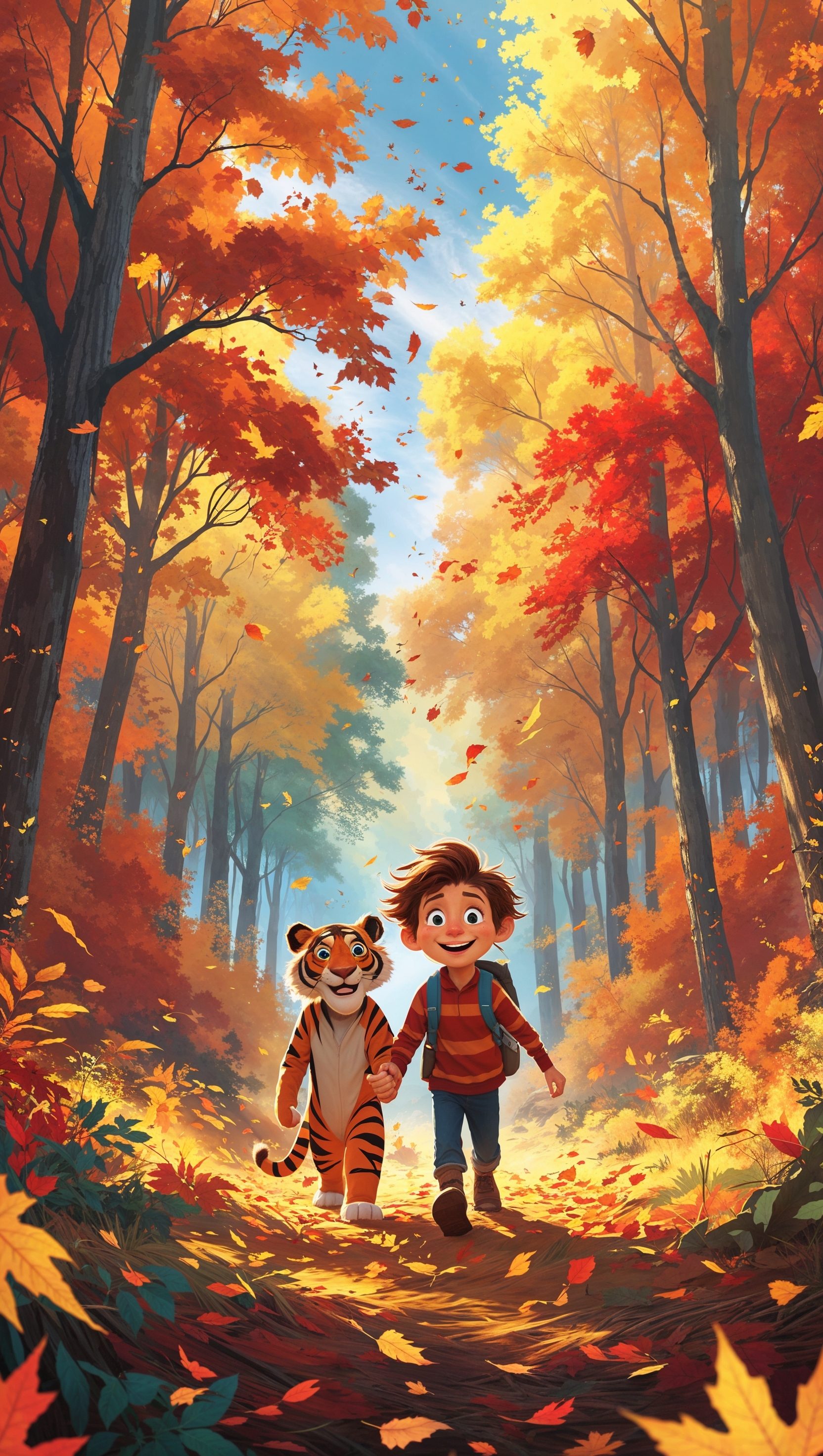 Calvin and Hobbes walking through a colorful autumn forest, leaves falling, iPhone wallpaper