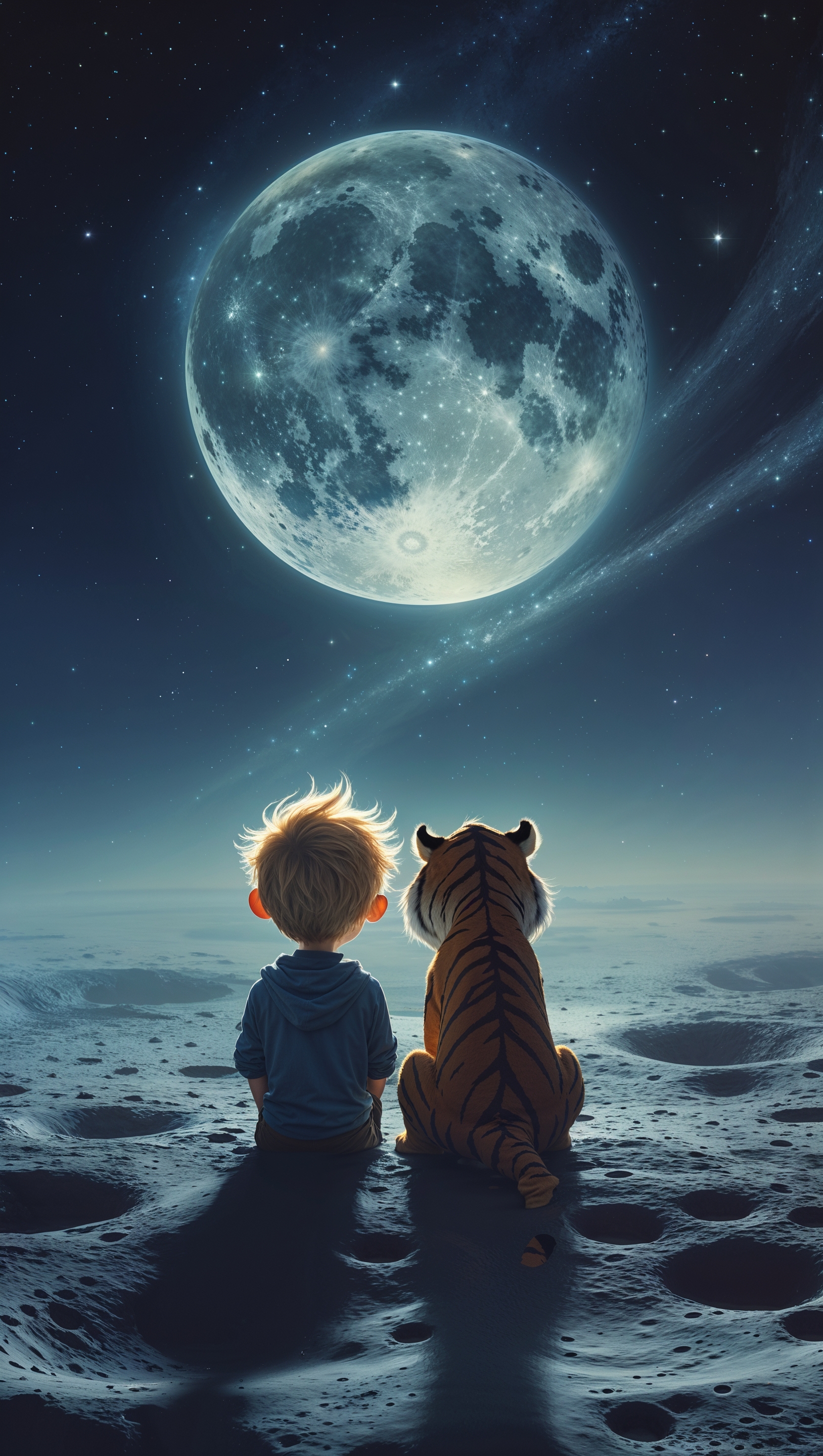 Calvin and Hobbes sitting on the moon, looking at Earth, dreamy scene, iPhone wallpaper