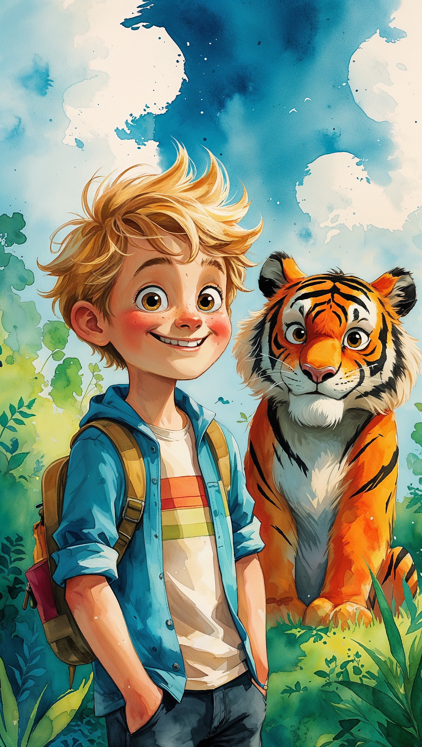 Calvin and Hobbes in watercolor art style, soft and vibrant, iPhone wallpaper