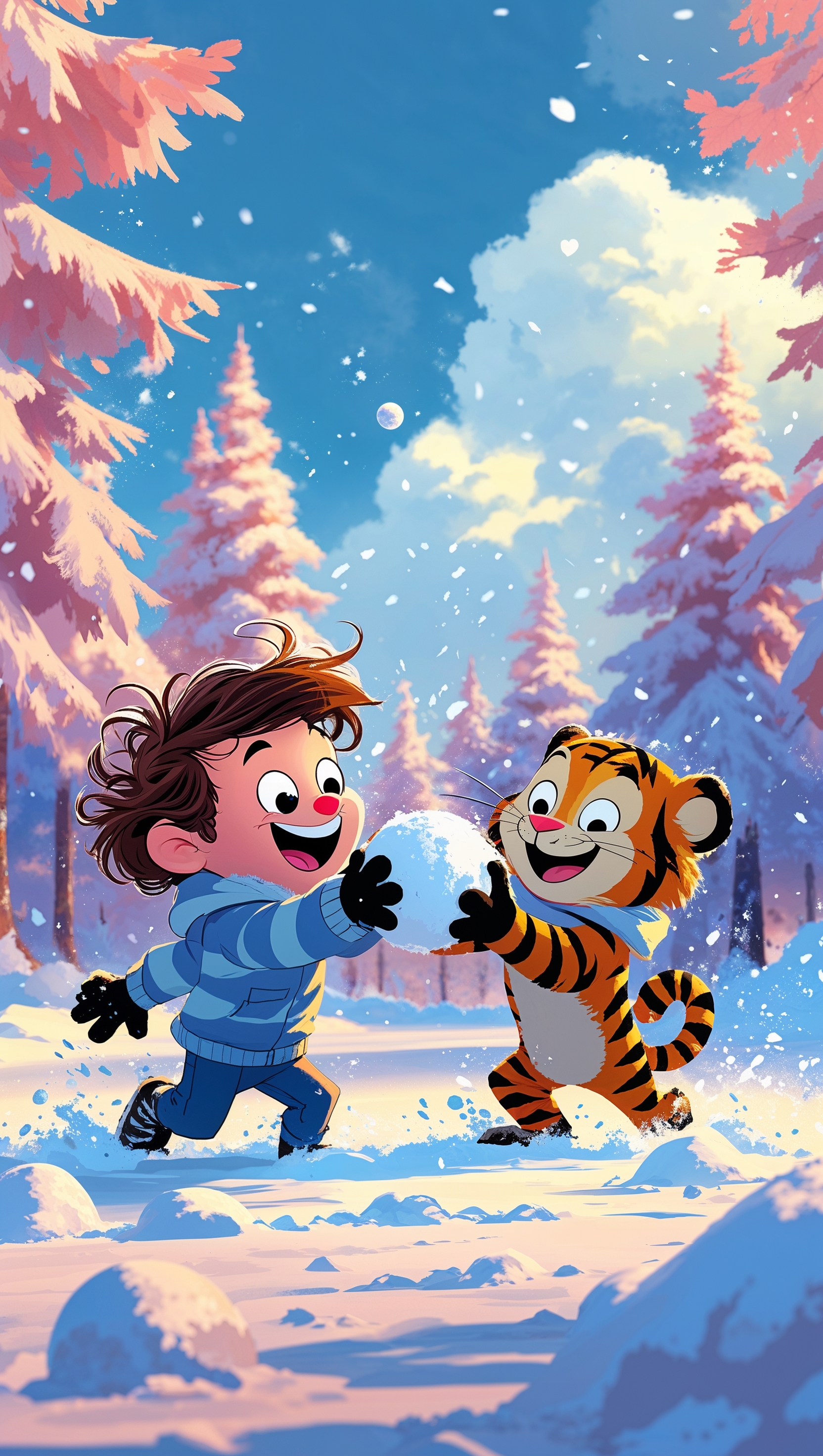 Calvin and Hobbes having a snowball fight, winter cartoon fun, iPhone wallpaper