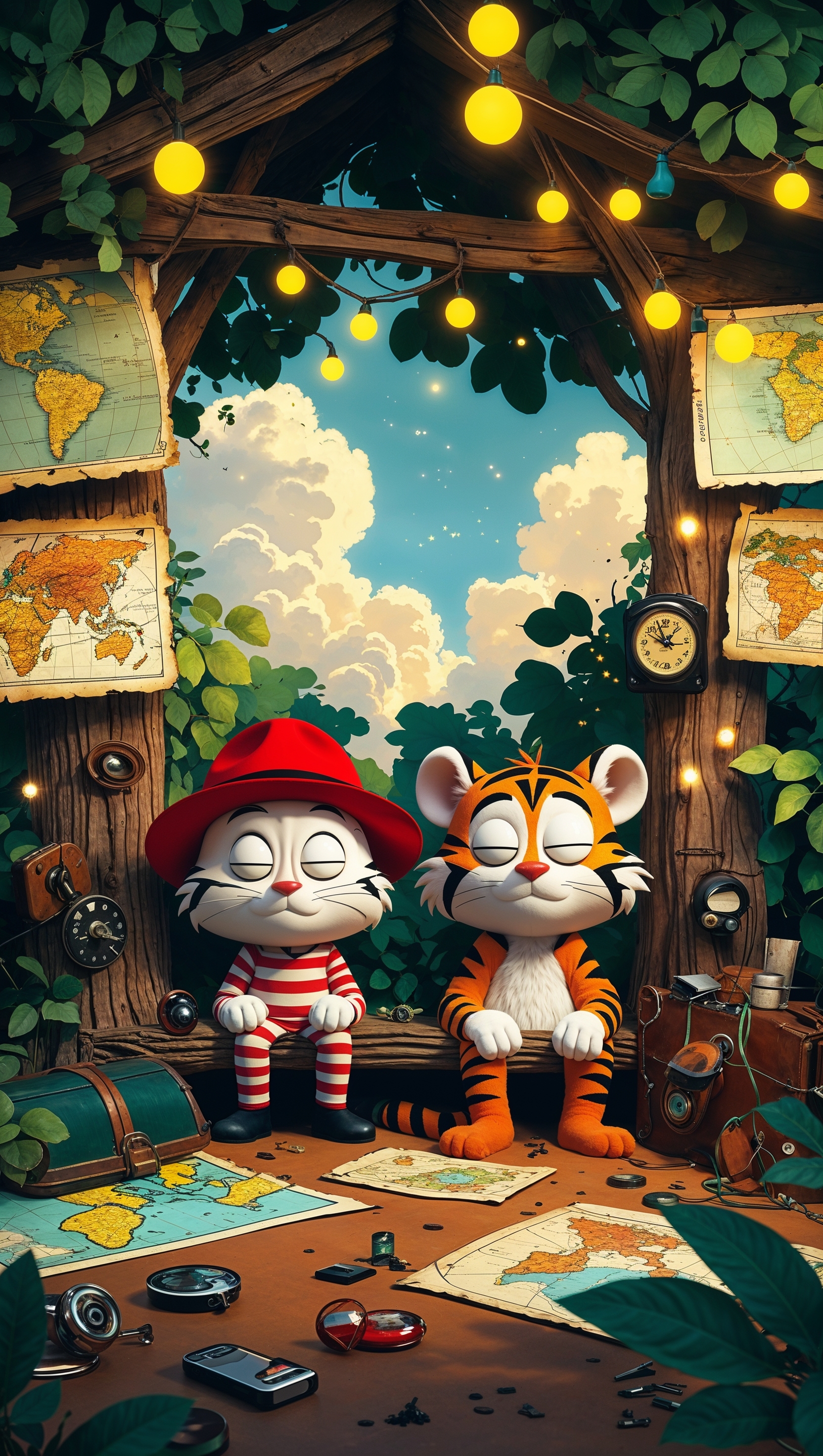 Calvin and Hobbes inside their treehouse with maps and gadgets, cozy cartoon iPhone wallpaper