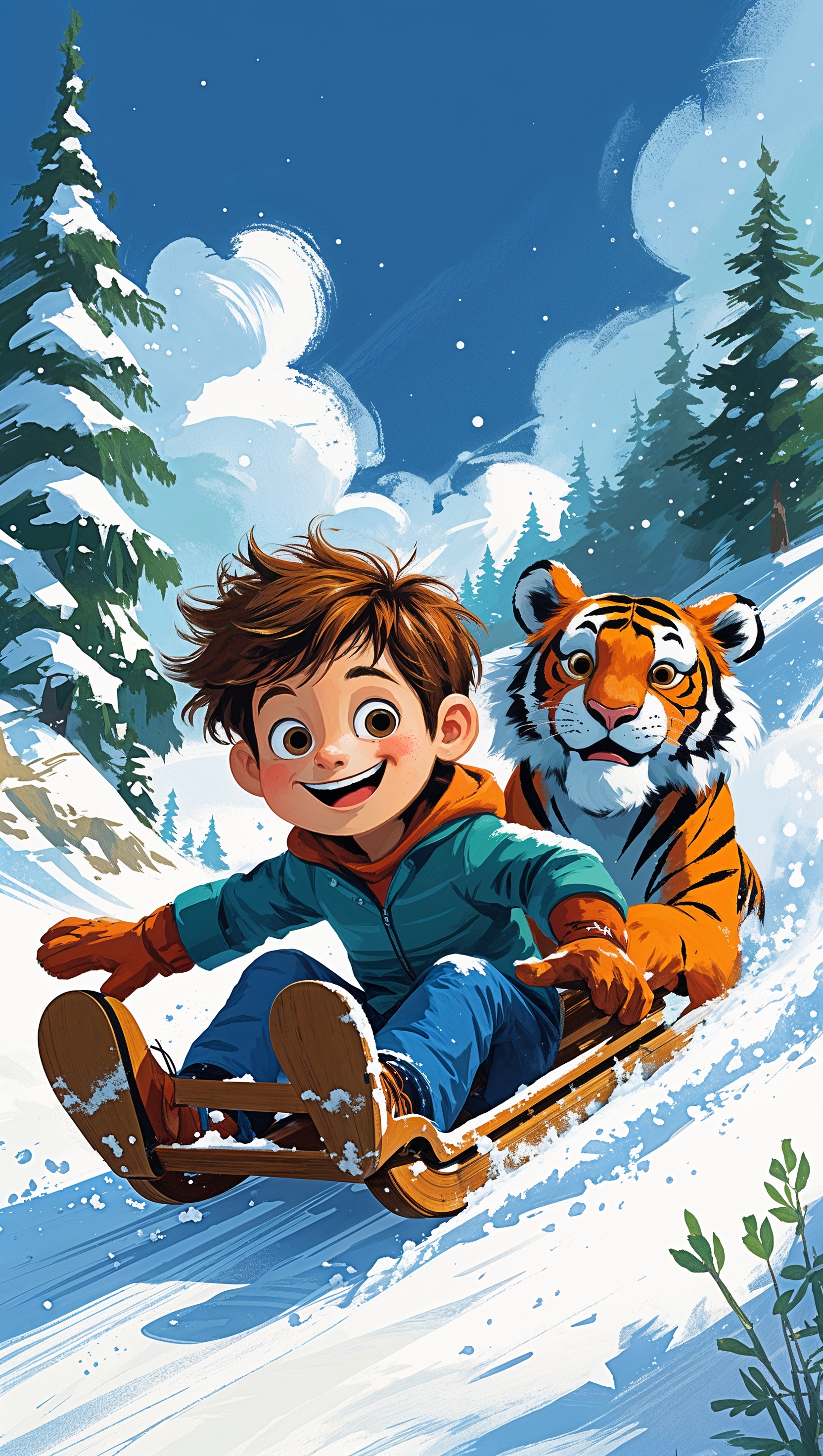 Calvin and Hobbes sledding down a snowy hill, full of joy, winter iPhone wallpaper
