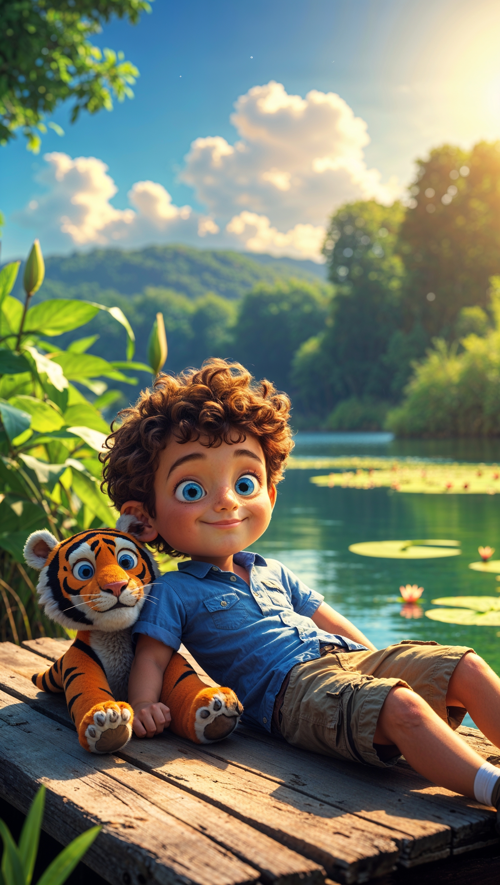 Calvin and Hobbes relaxing by a river on a sunny summer day, peaceful vibe, iPhone wallpaper