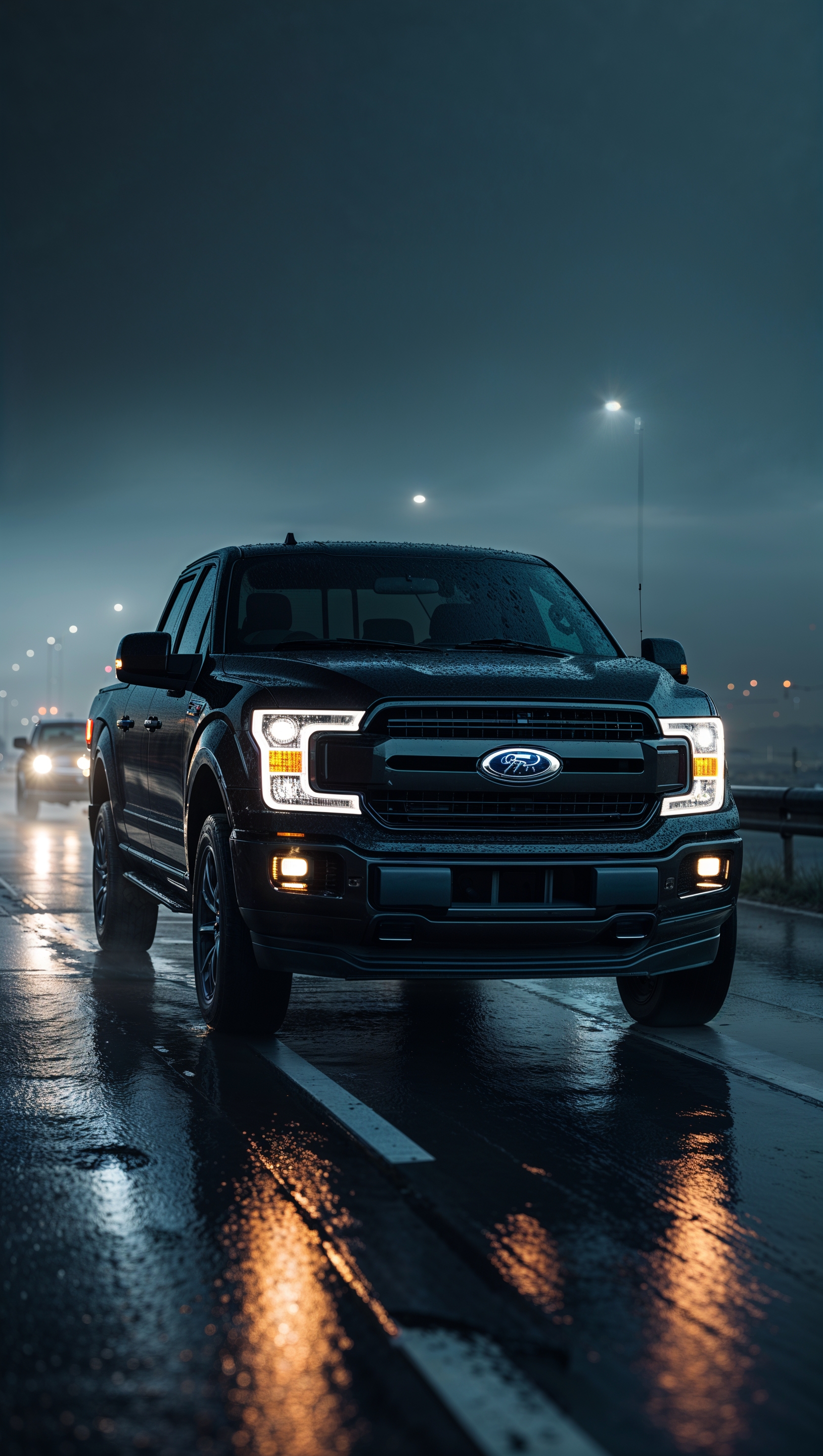 A sleek black truck on a wet highway at night, cinematic, iPhone wallpaper