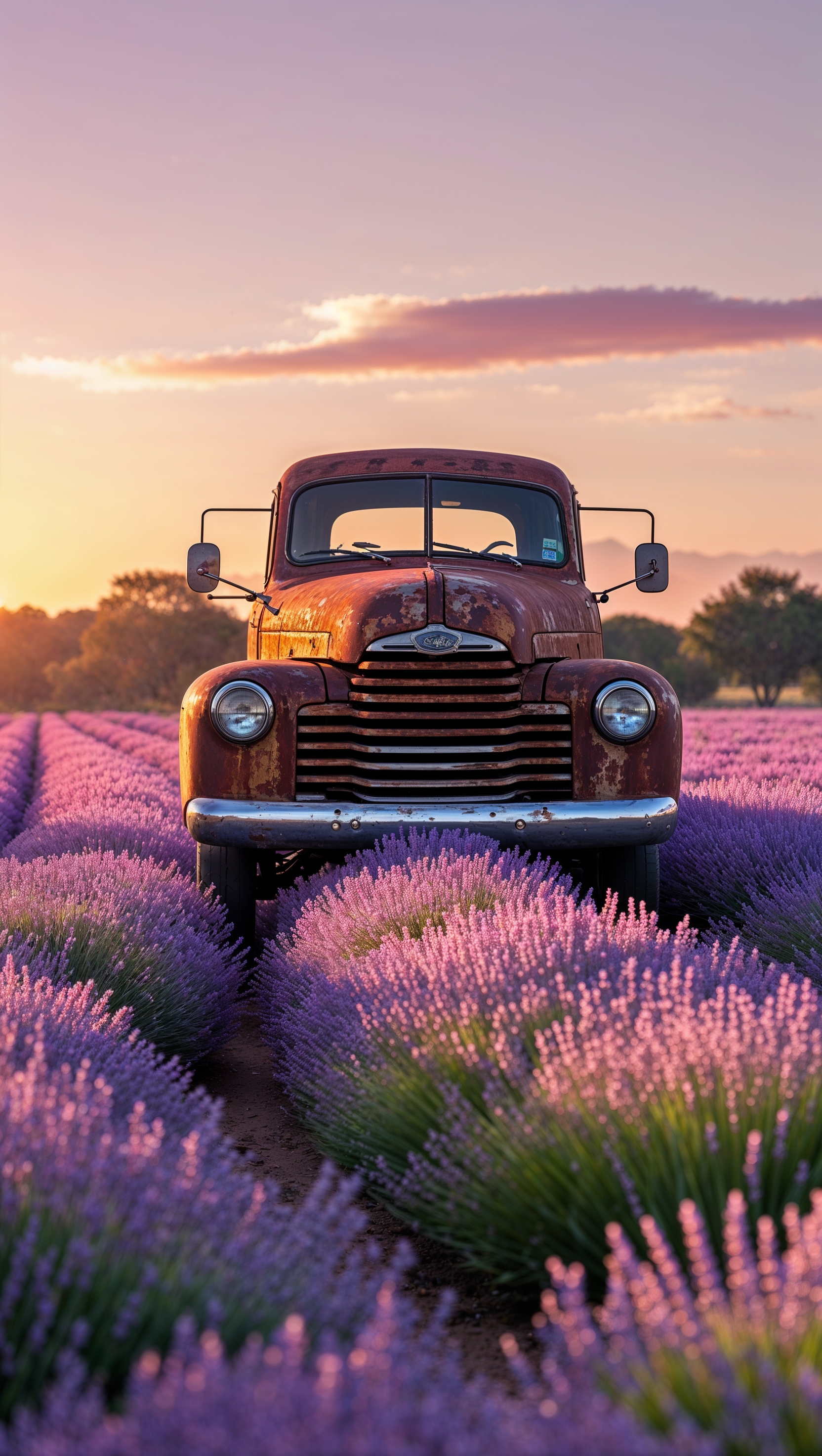Truck driving through a field of lavender flowers at sunset, iPhone wallpaper