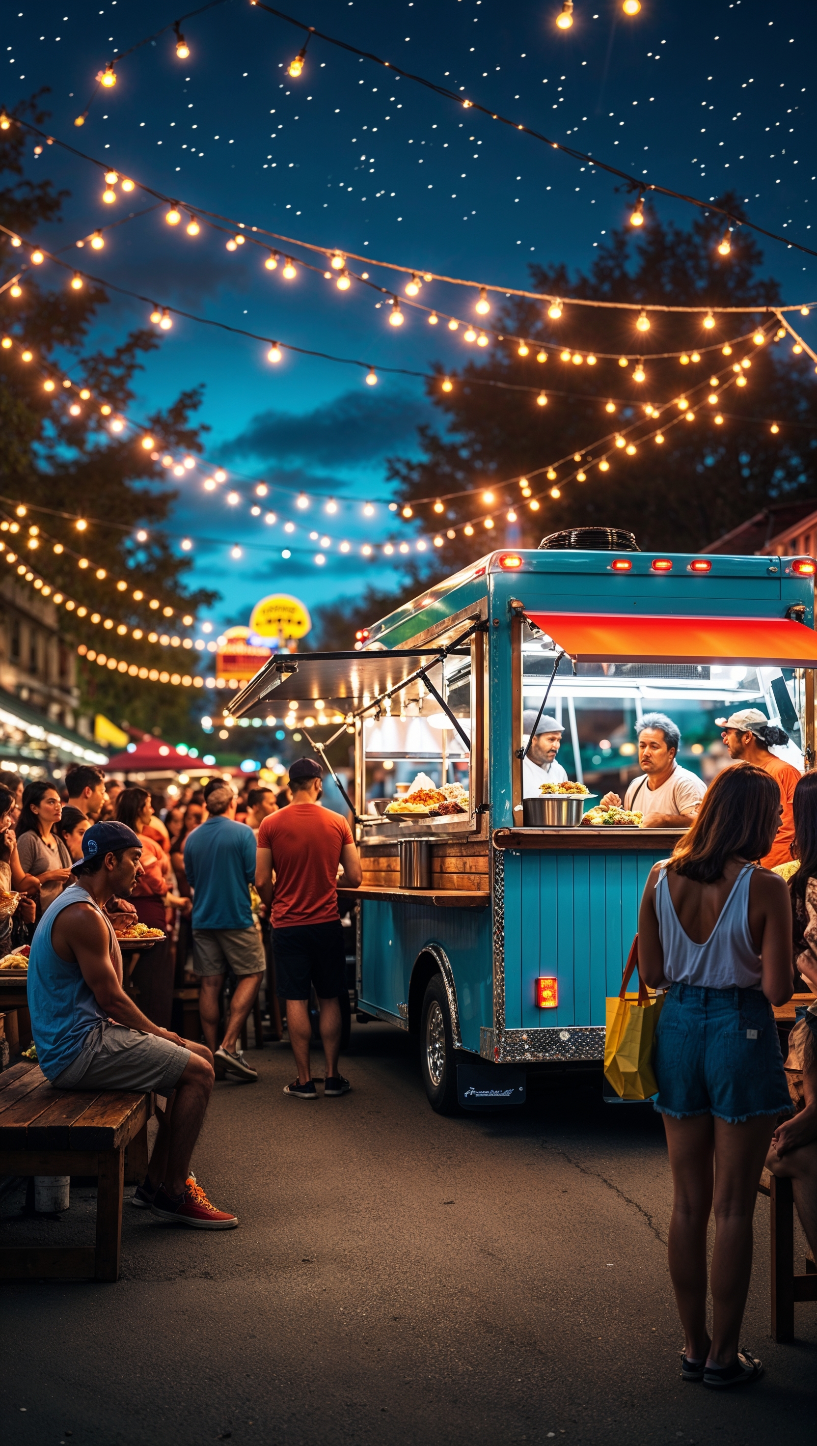 Food truck parked in a lively street market at night, iPhone wallpaper