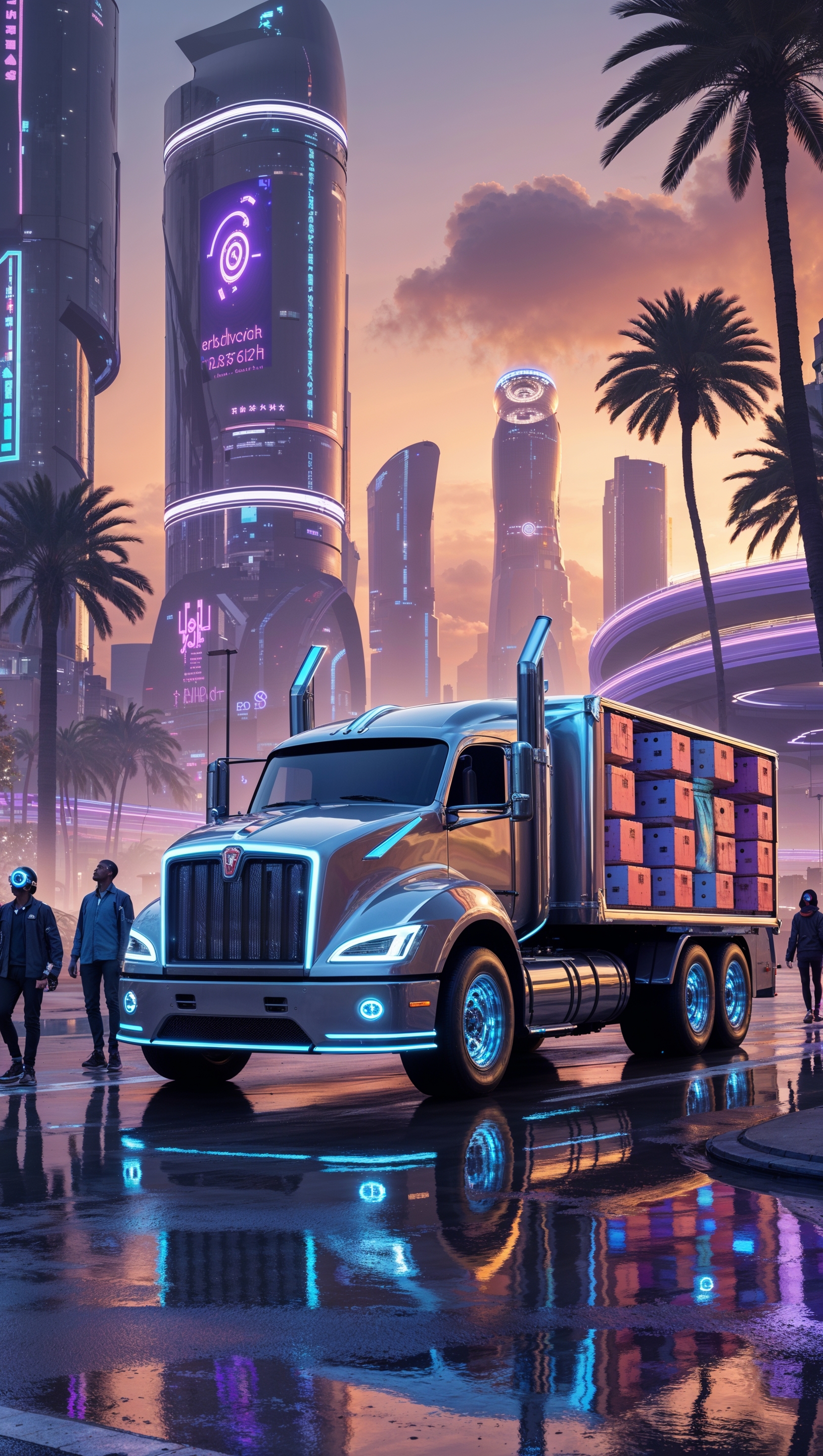 Truck delivering packages in a futuristic city, iPhone wallpaper
