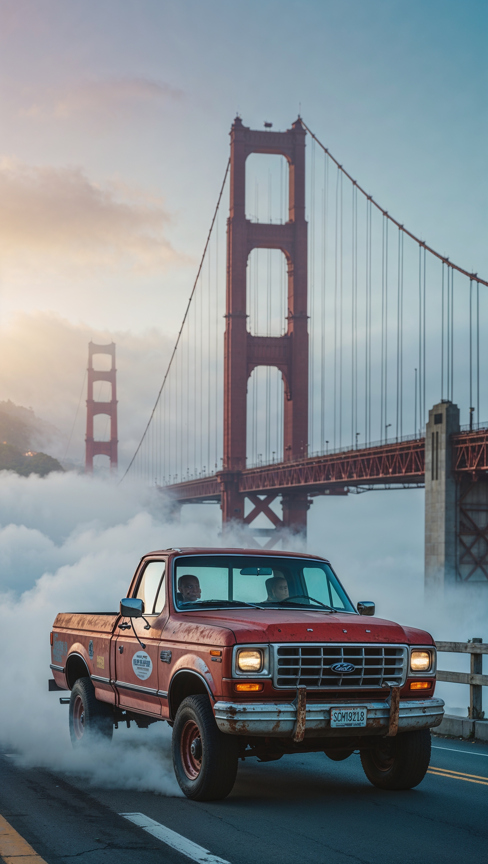 A truck driving across the Golden Gate Bridge in fog, iPhone wallpaper