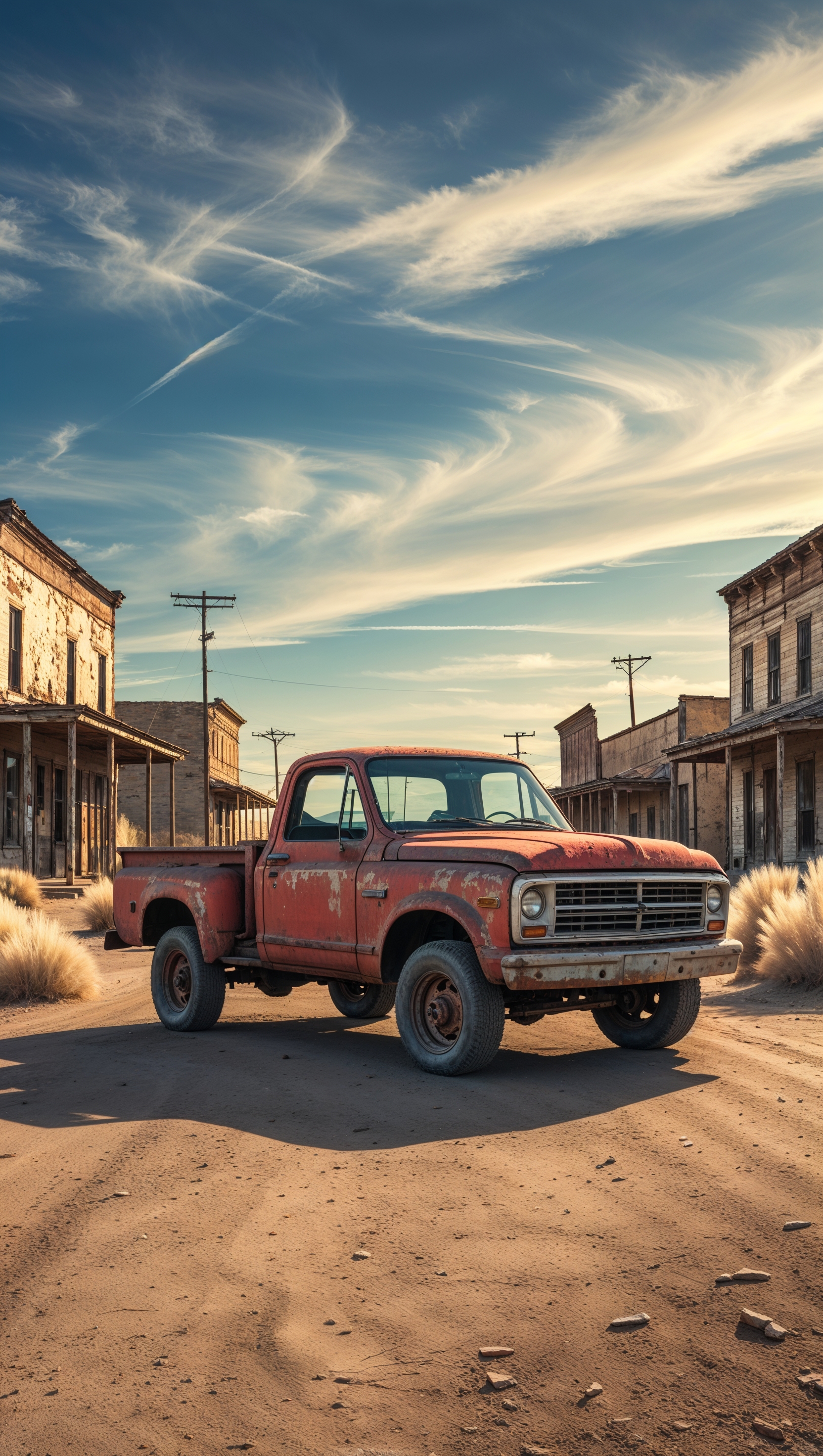 A rusty old truck in a desert ghost town, iPhone wallpaper