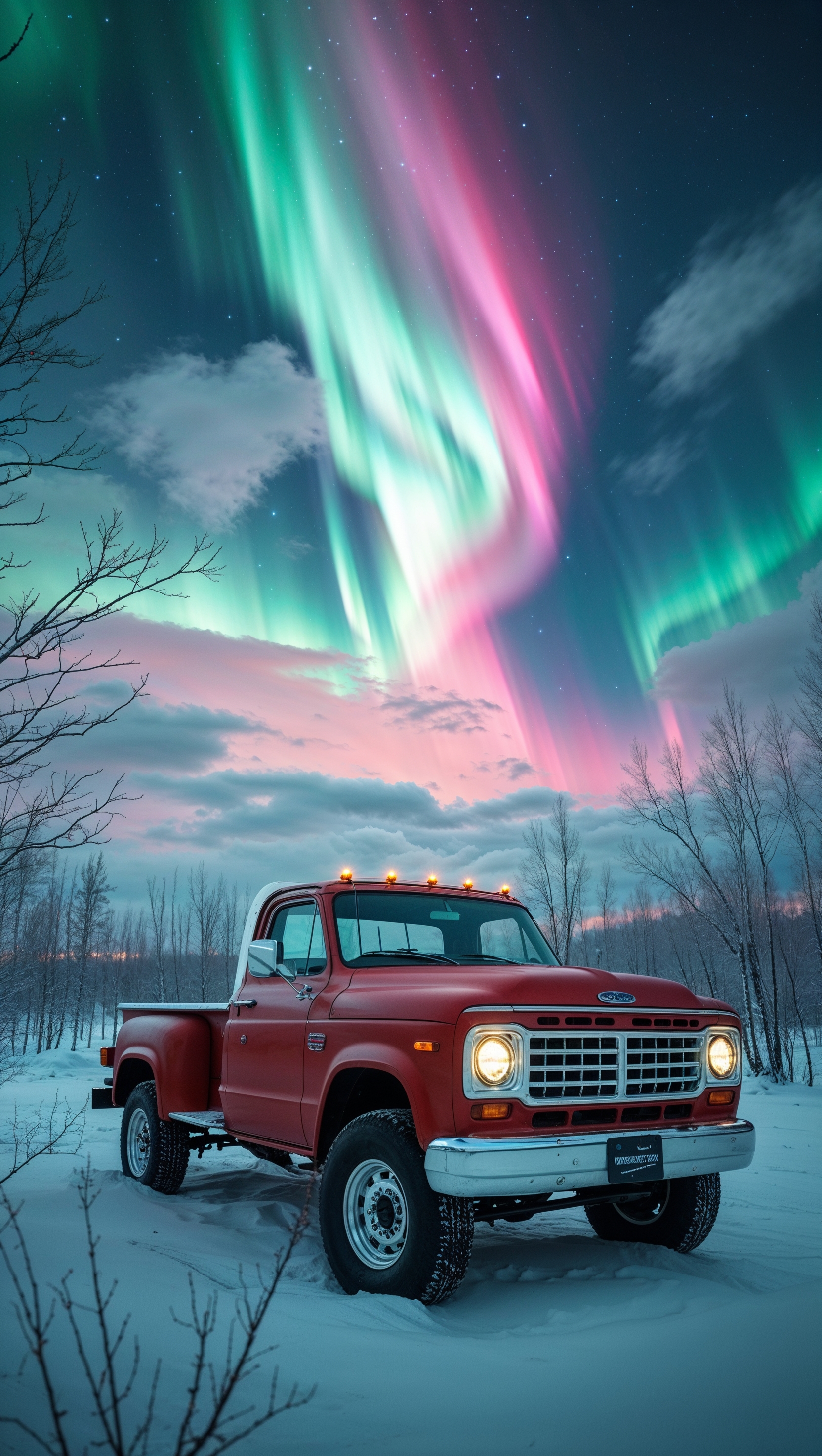 Truck in front of the northern lights, winter scene, iPhone wallpaper