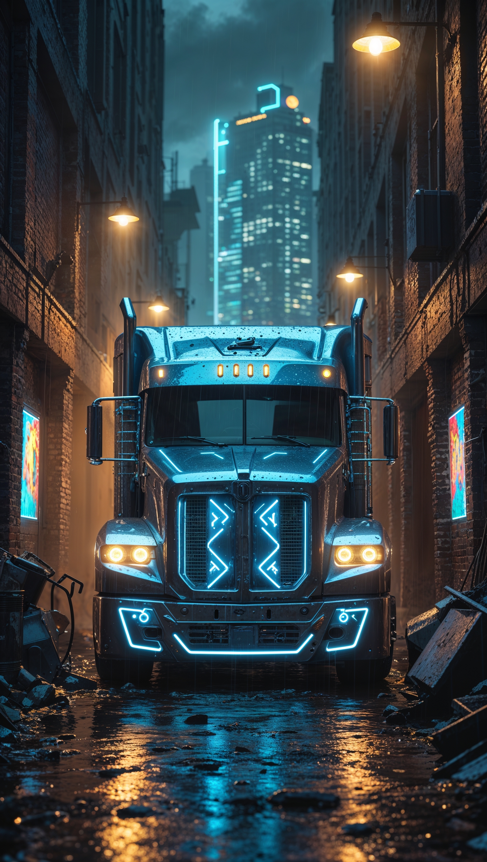 A glowing cyberpunk truck in a rainy alley, iPhone wallpaper